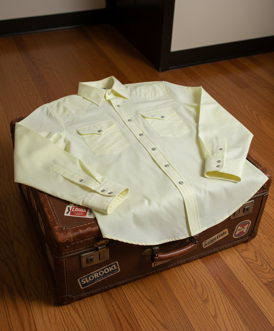 Light green button-up shirt with two front pockets on a white background