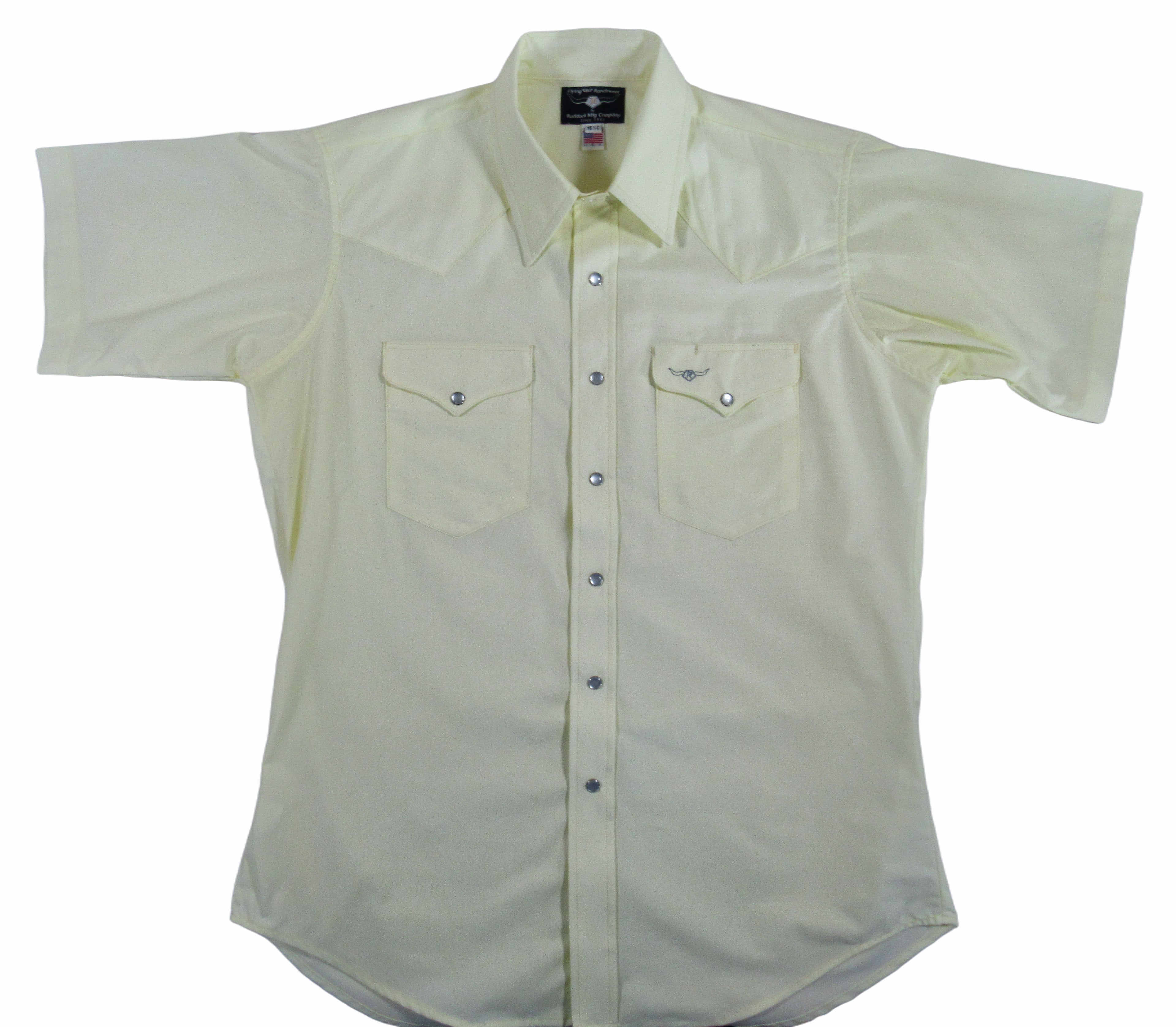 Light-colored short-sleeve shirt with button details on a white background