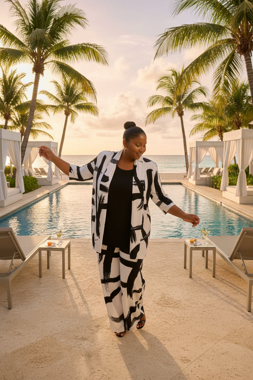 Woman wearing a black and white abstract patterned outfit on a white background