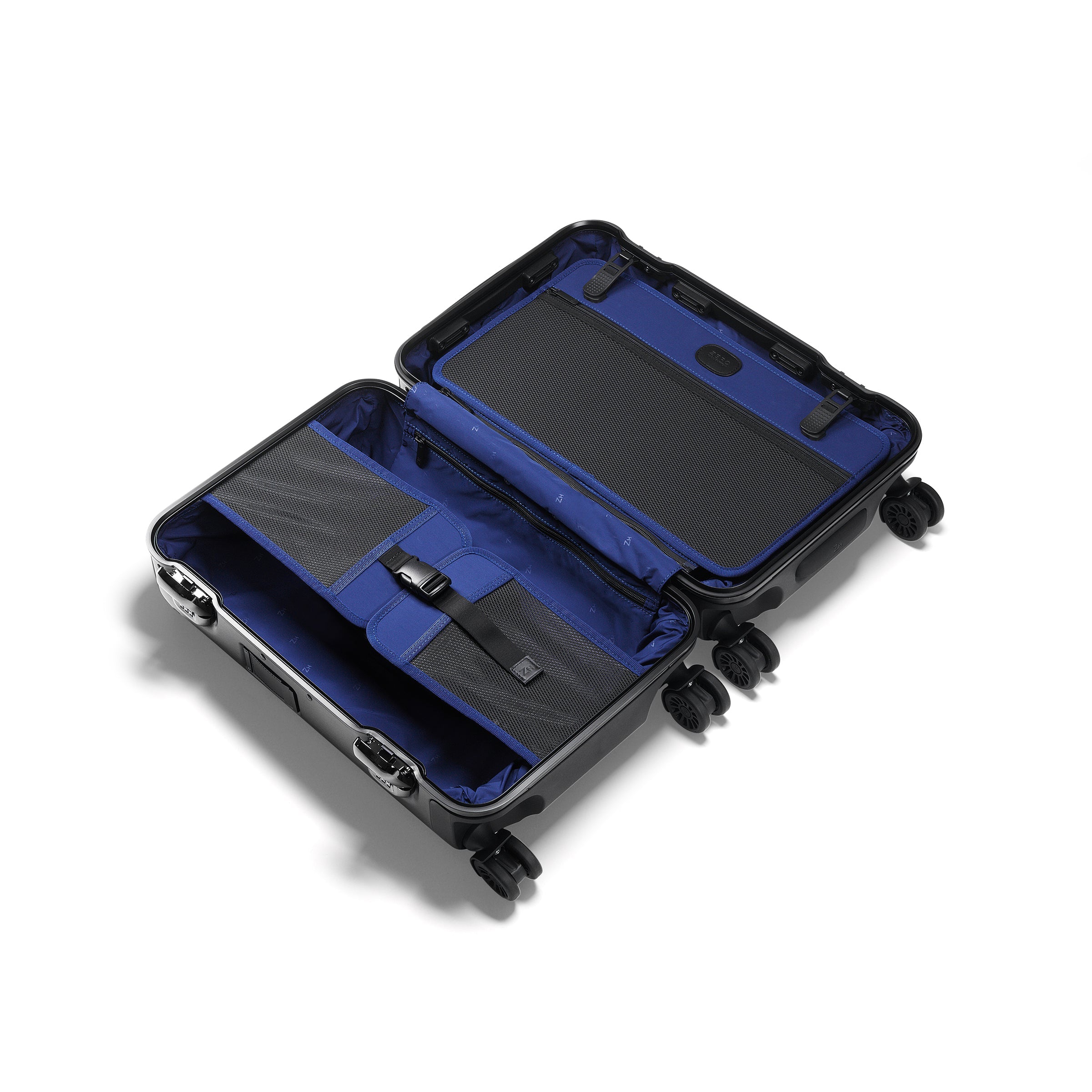 Black suitcase with open blue interior on a white background