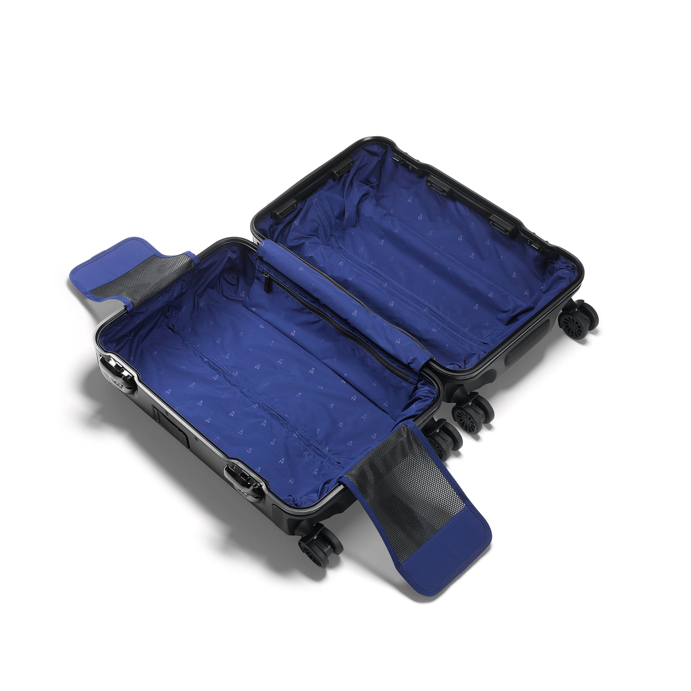 Open blue suitcase on a white background