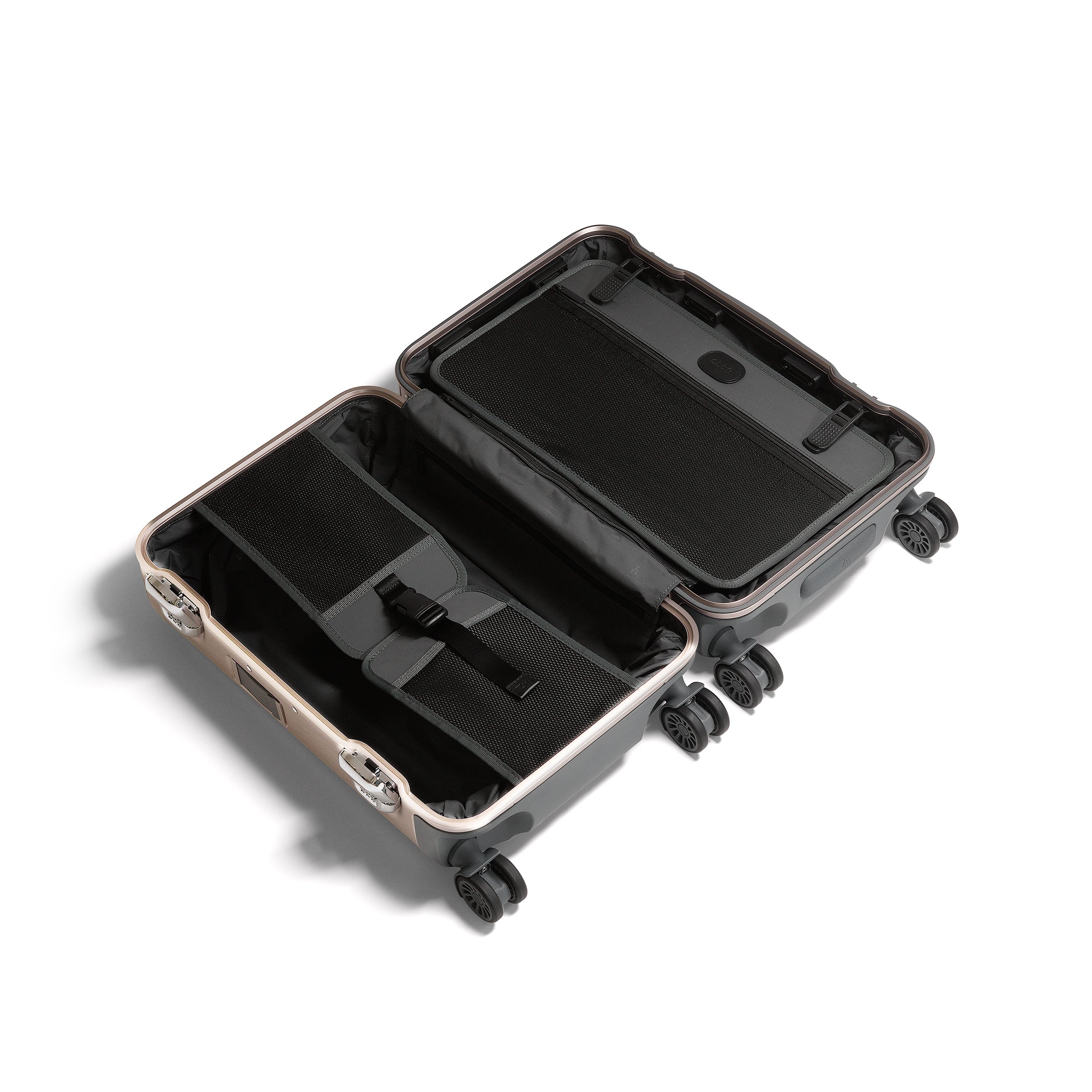 Black suitcase with open lid on a white background