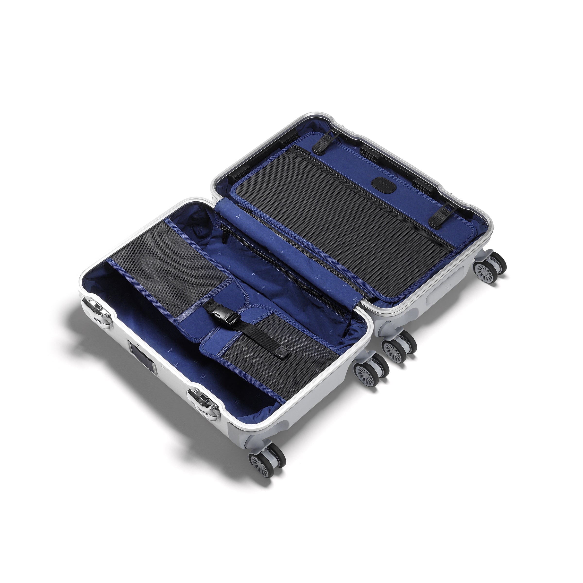 Open suitcase with blue interior on a white background