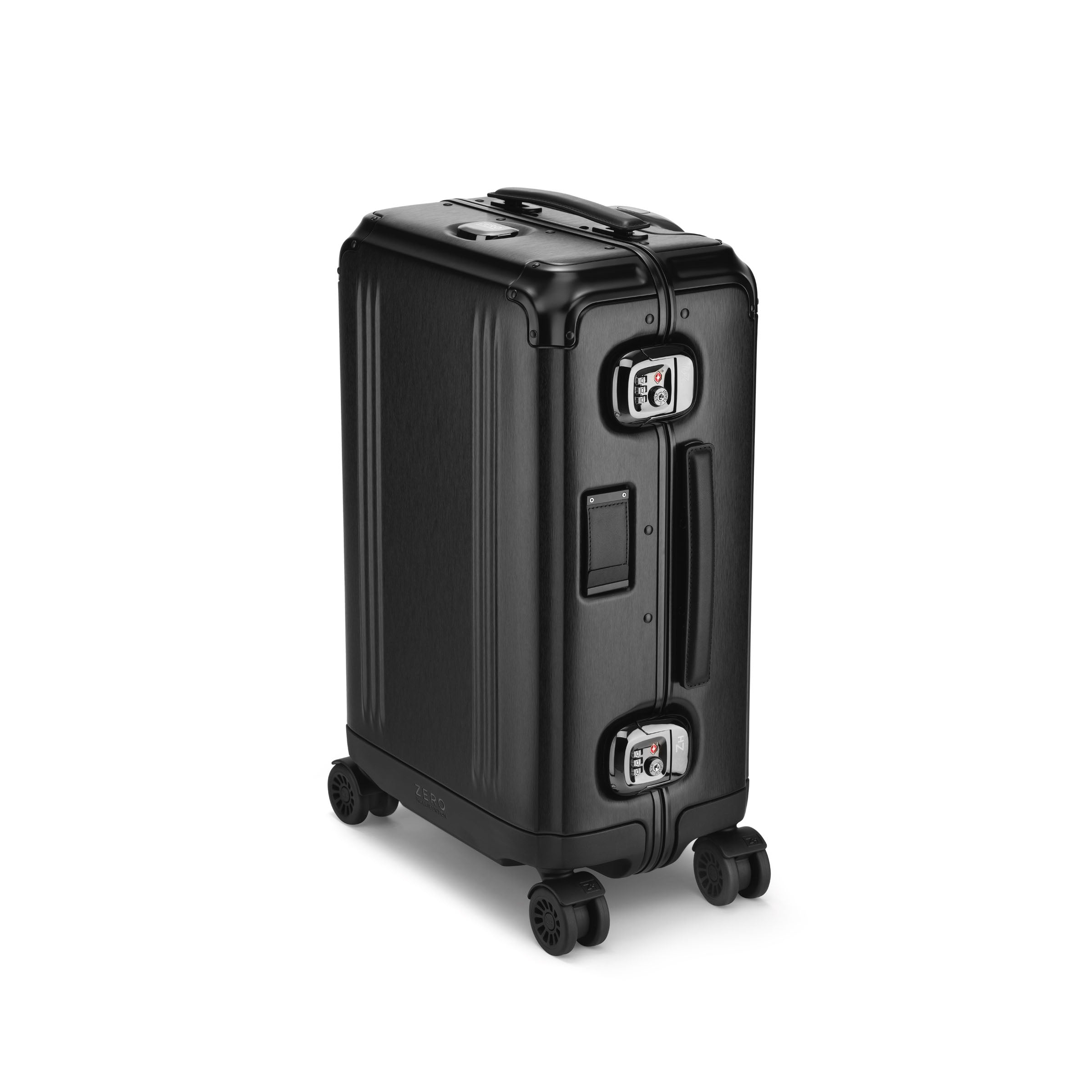 Black suitcase with wheels on a white background