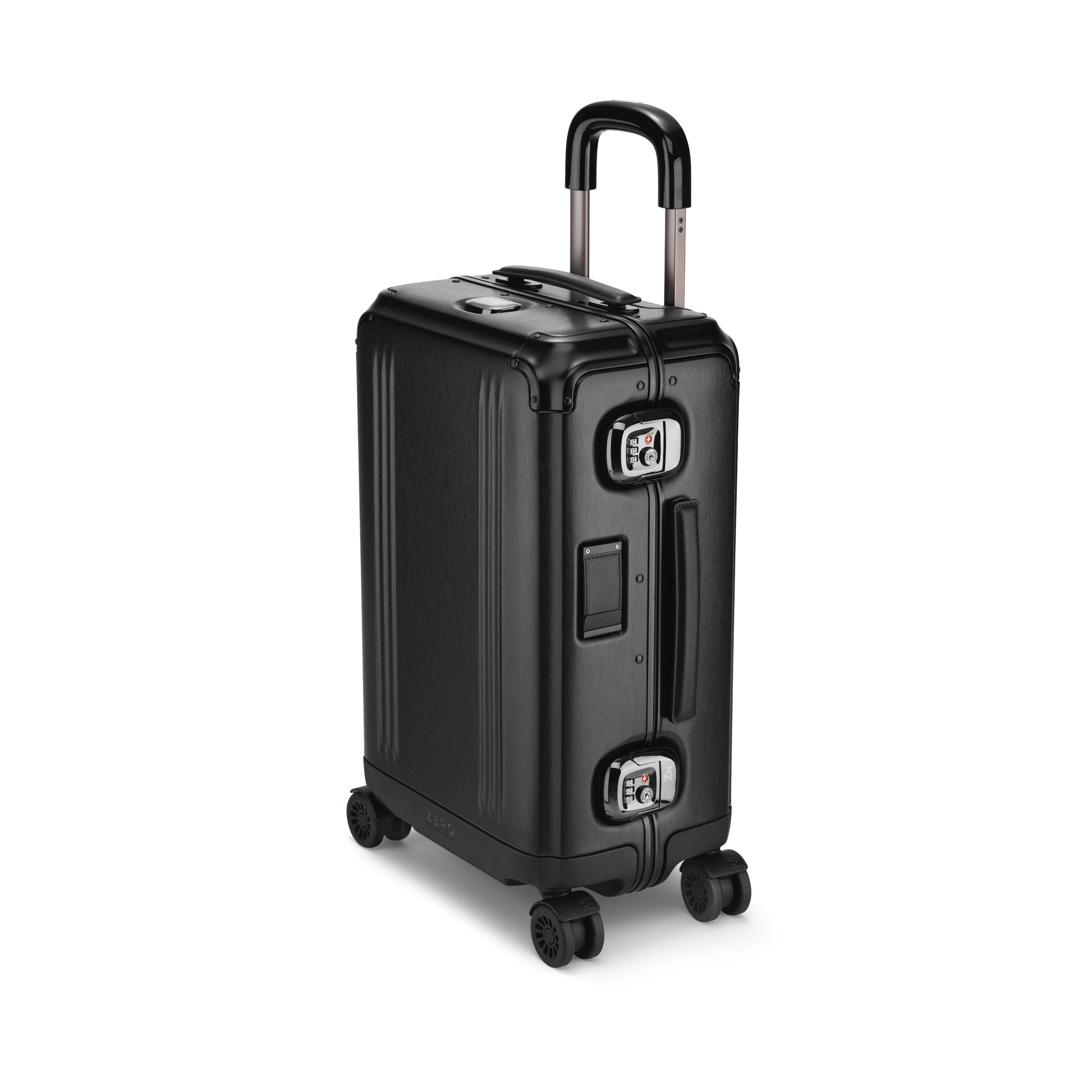 Black suitcase with a handle and wheels on a white background