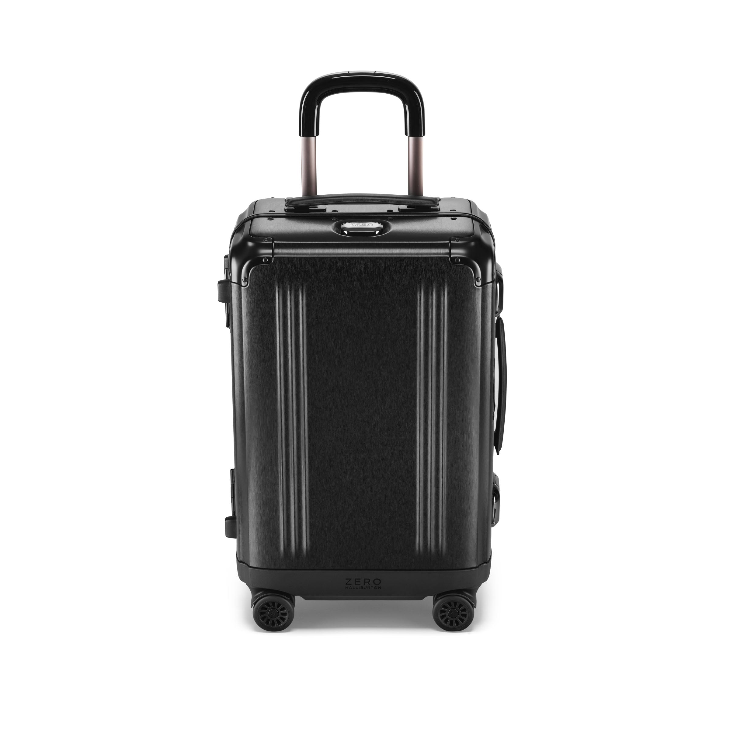 Black suitcase with wheels and handle on a white background