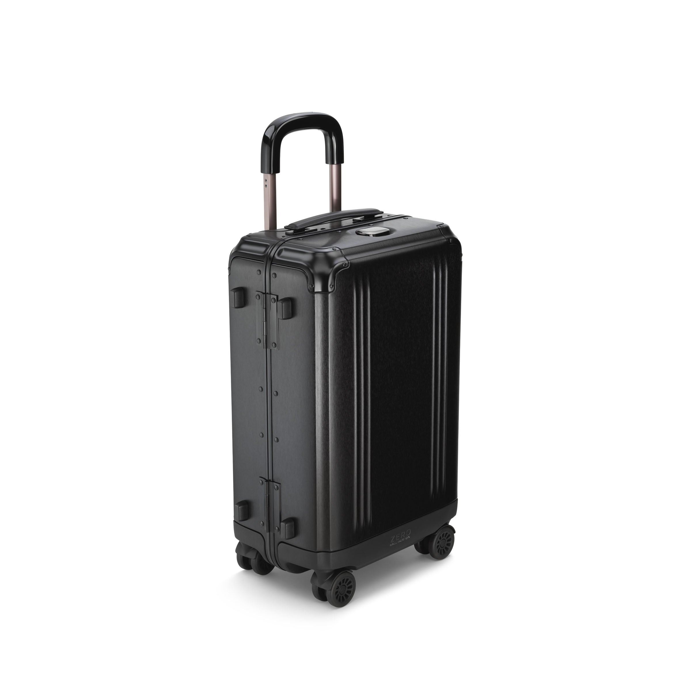 Black suitcase with wheels and a handle on a white background