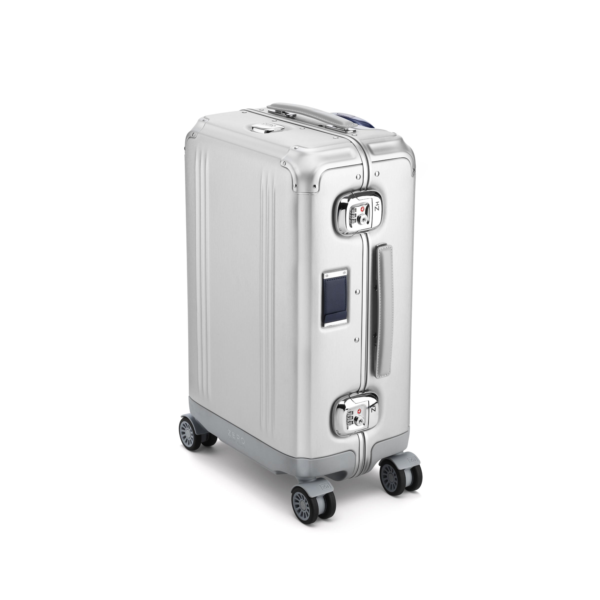 Silver suitcase with wheels on a white background
