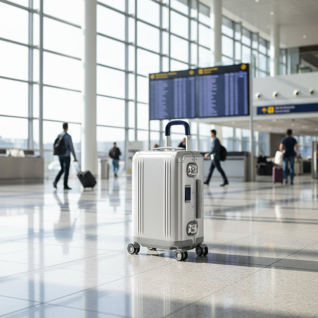 Silver suitcase with a blue handle on a white background