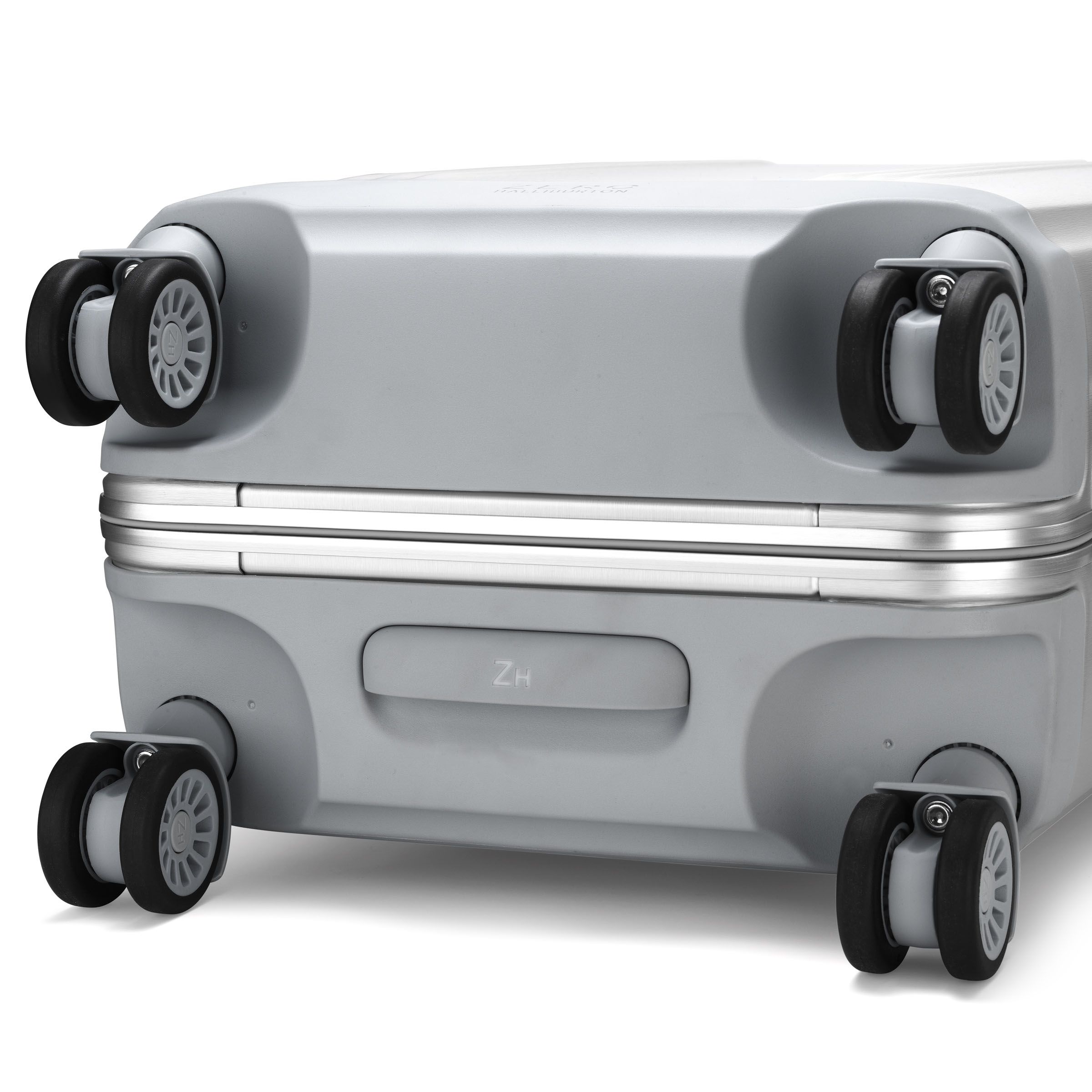 Gray suitcase with wheels on a white background