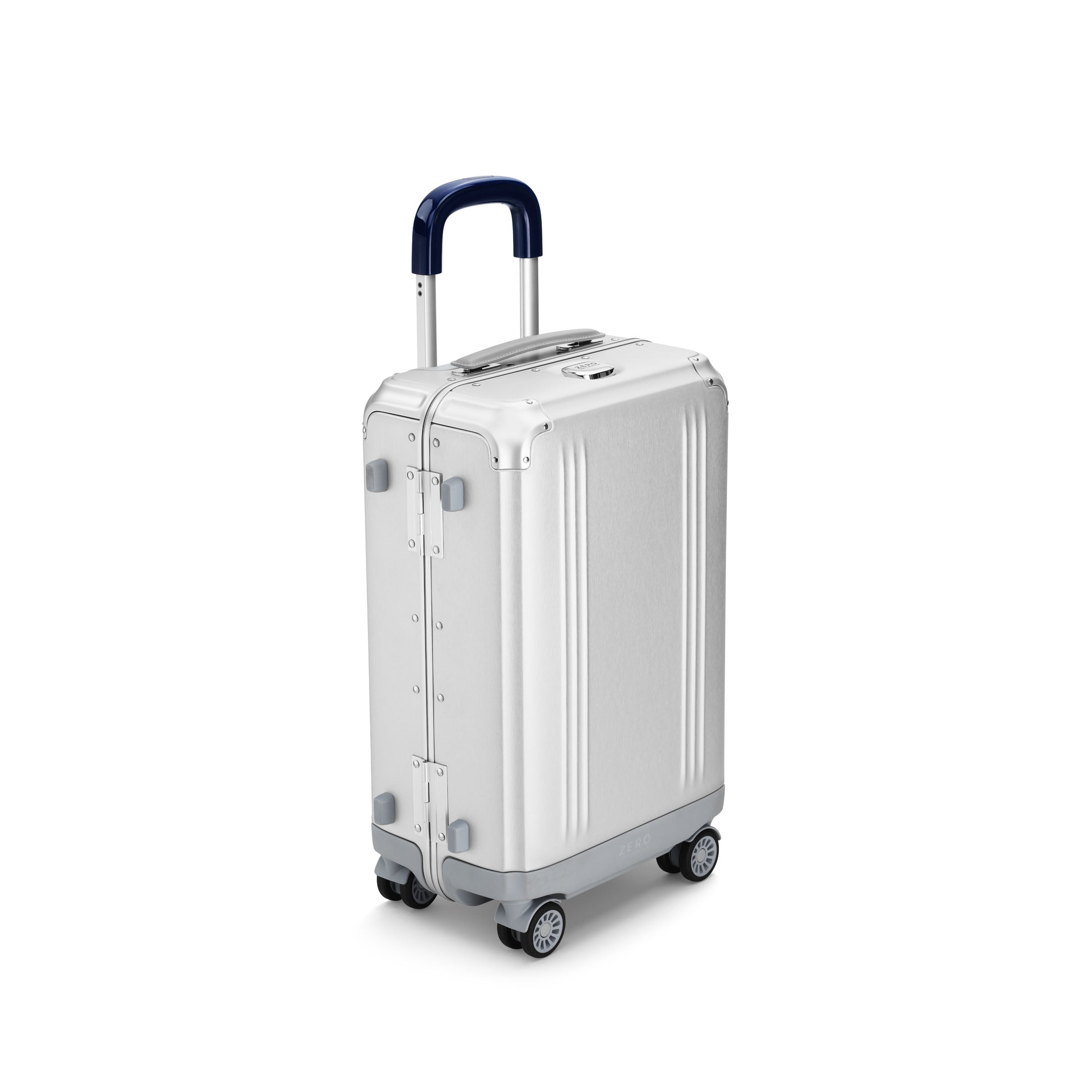 Silver suitcase with a blue handle on a white background