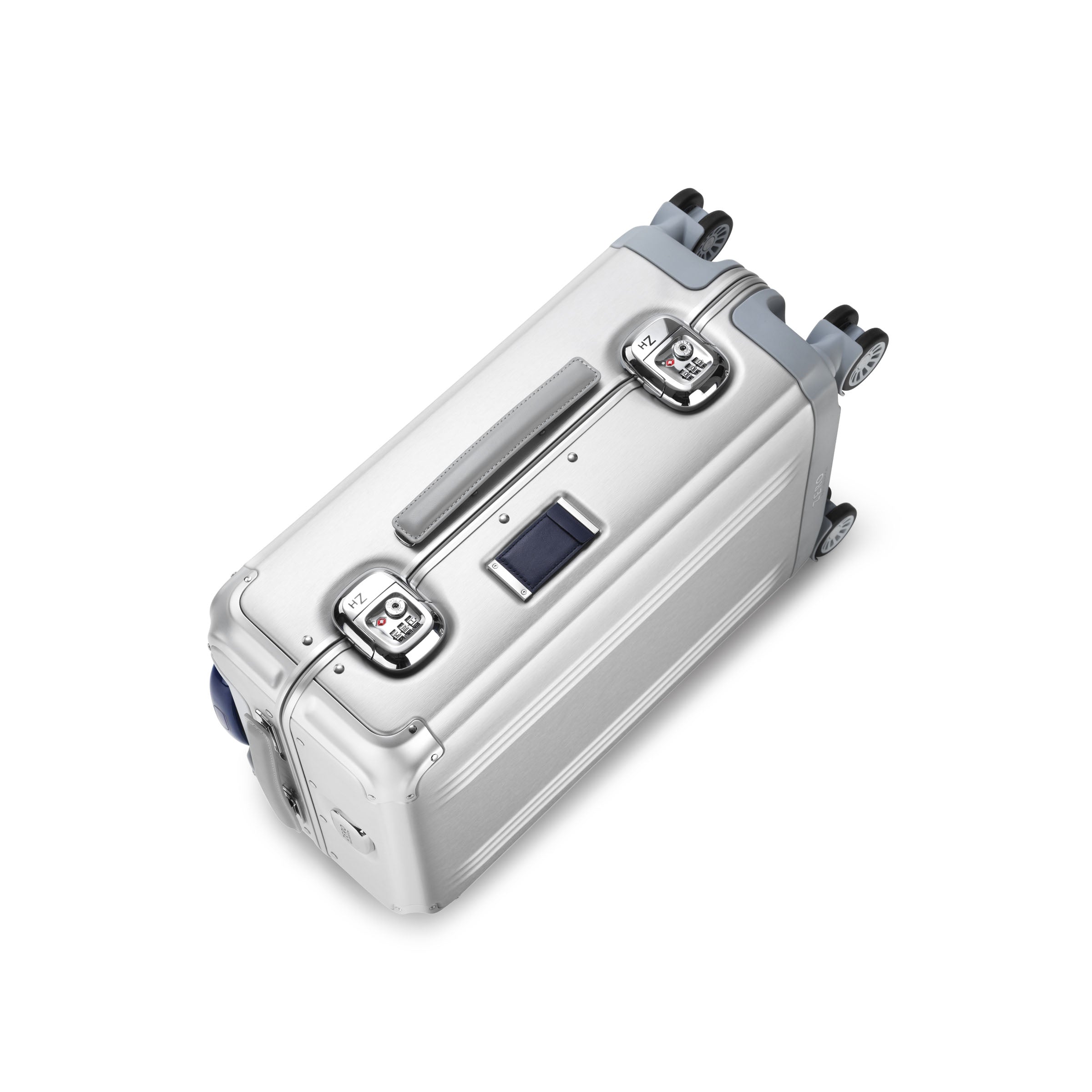 Silver suitcase with wheels on a white background