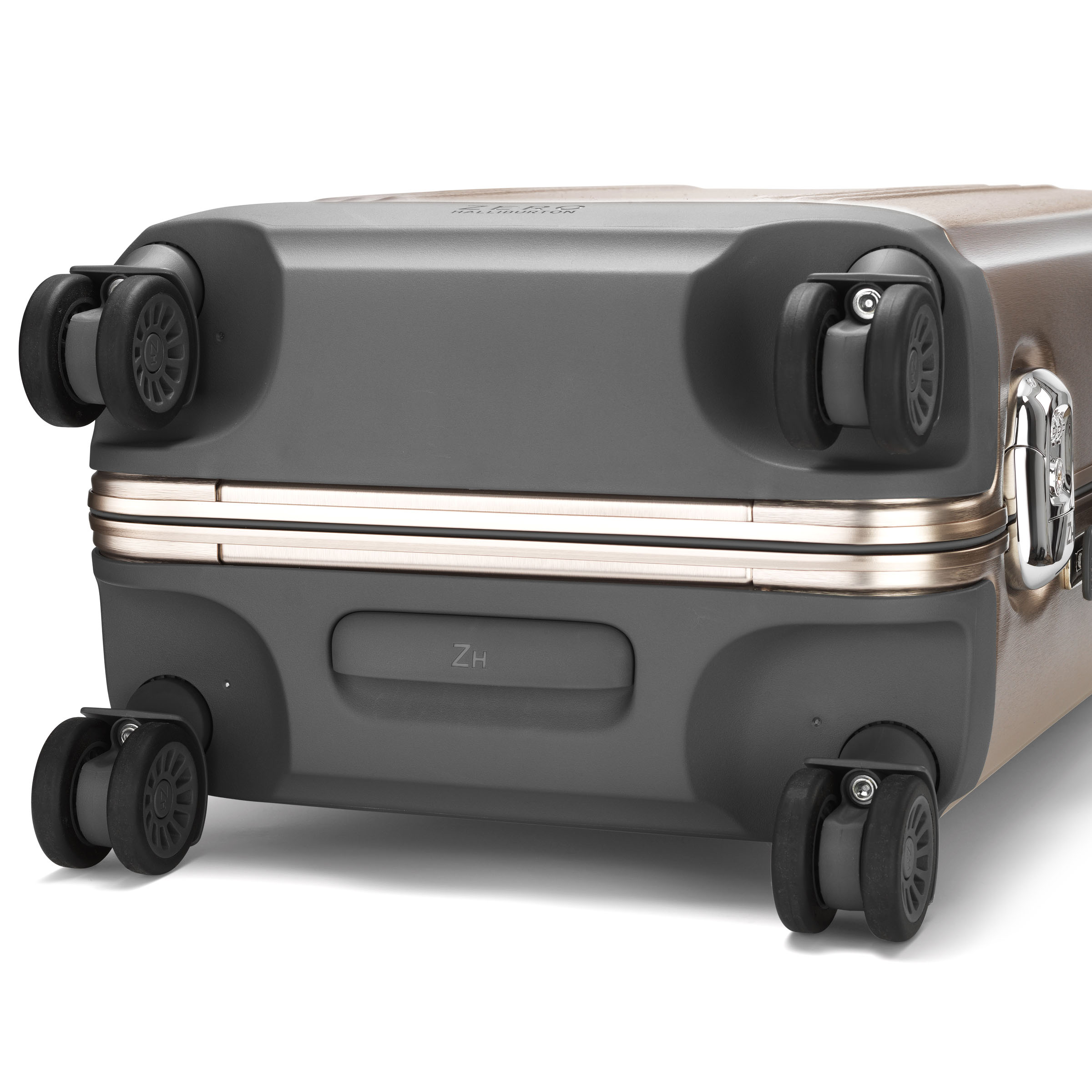 Gray suitcase with wheels and a handle on a white background