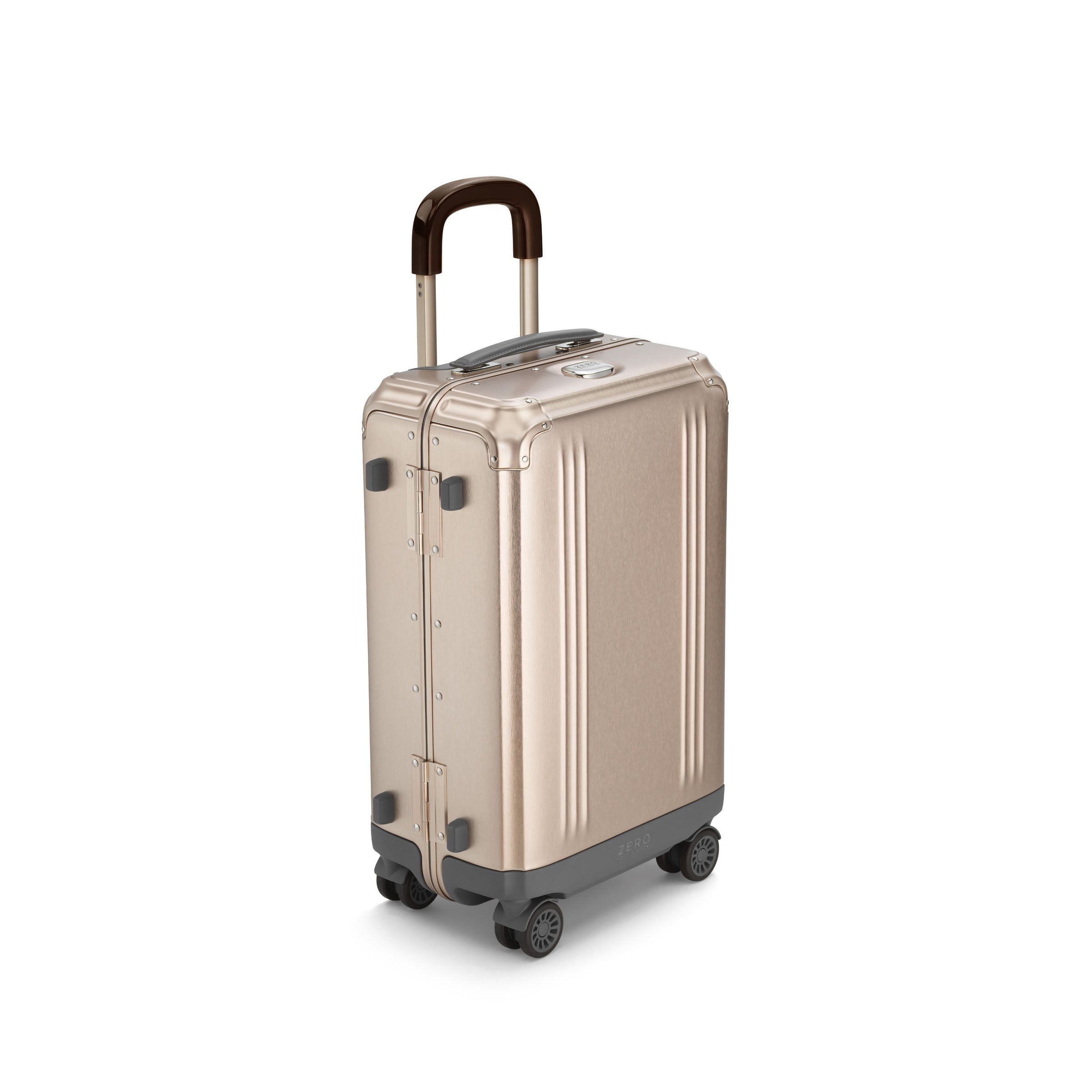 Gold suitcase with wheels and a handle on a white background