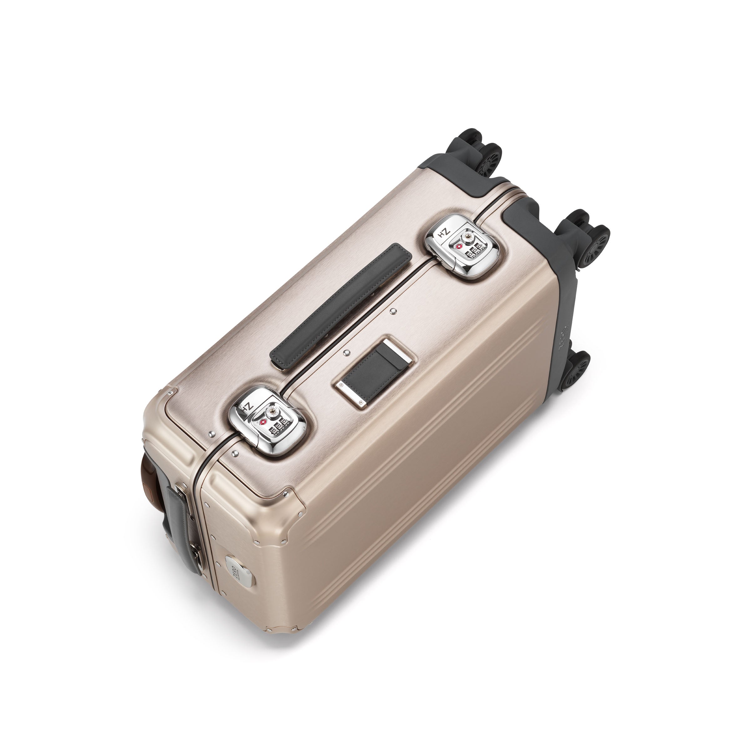 Beige suitcase with black wheels and handles on a white background