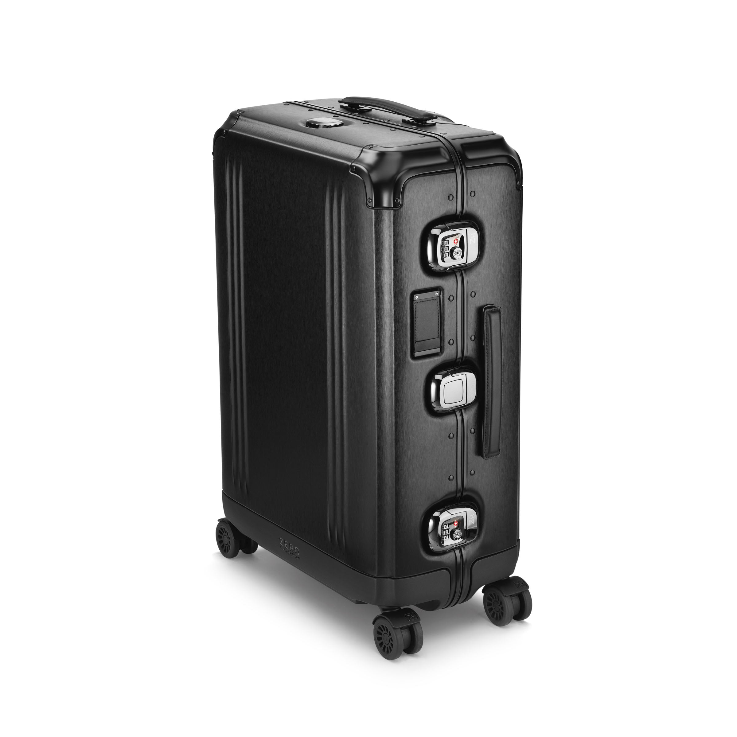 Black suitcase with silver handle and wheels on a white background
