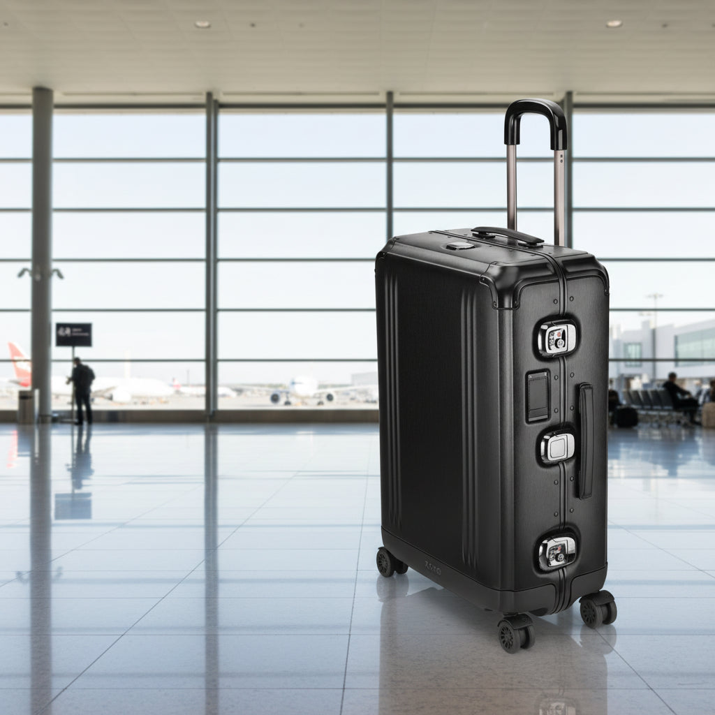 Black suitcase with wheels and handle on a white background