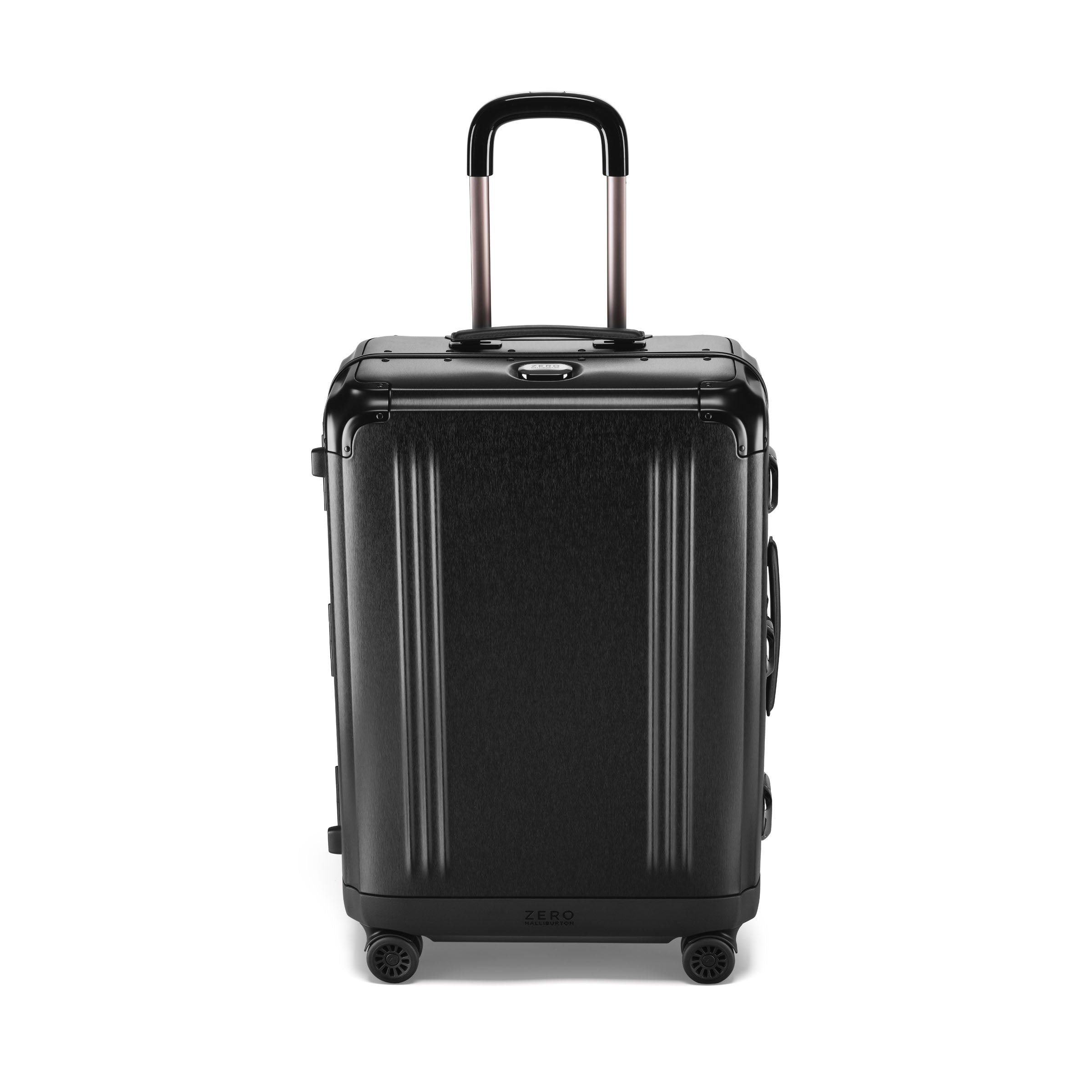 Black suitcase with wheels and handle on a white background