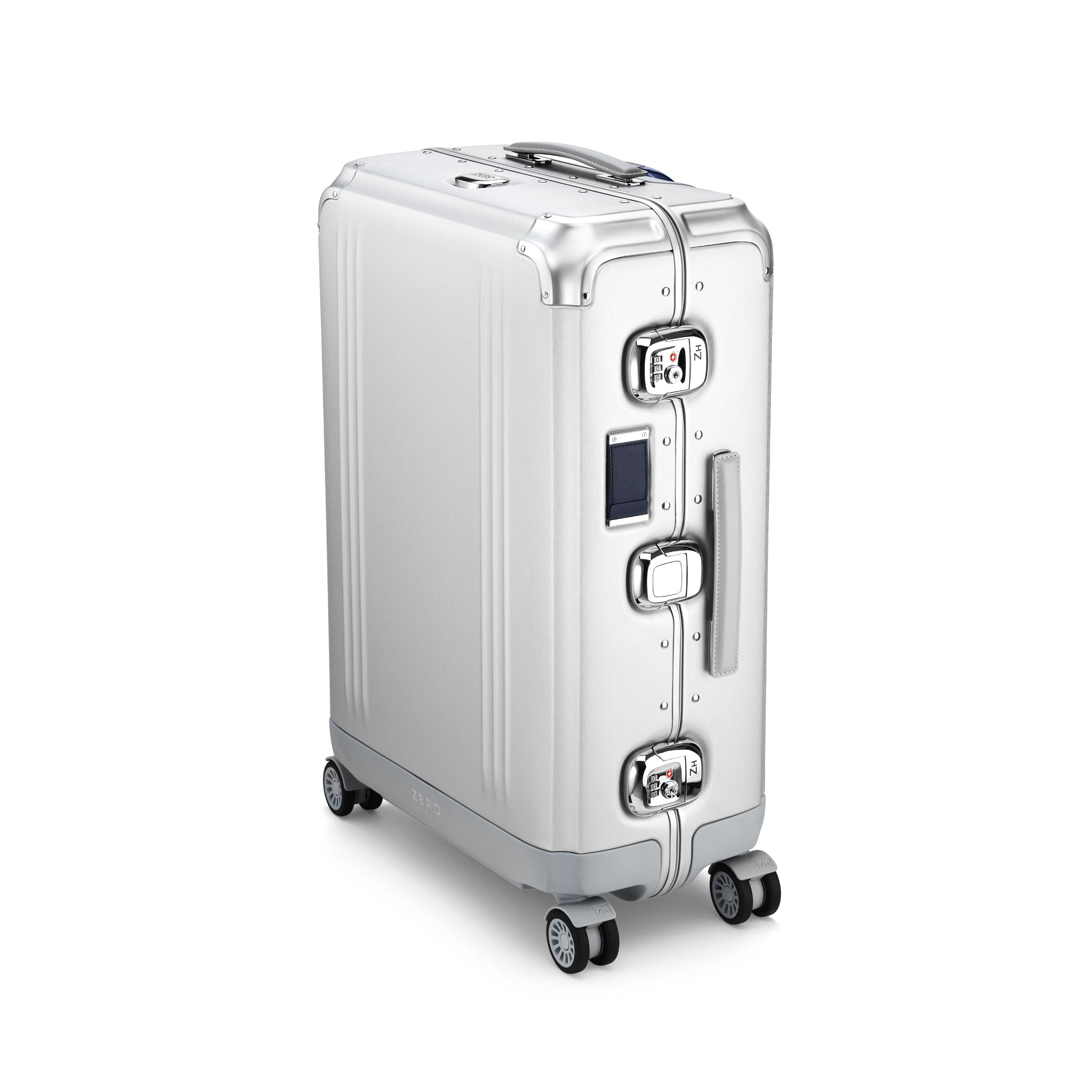 Silver suitcase with wheels on a white background