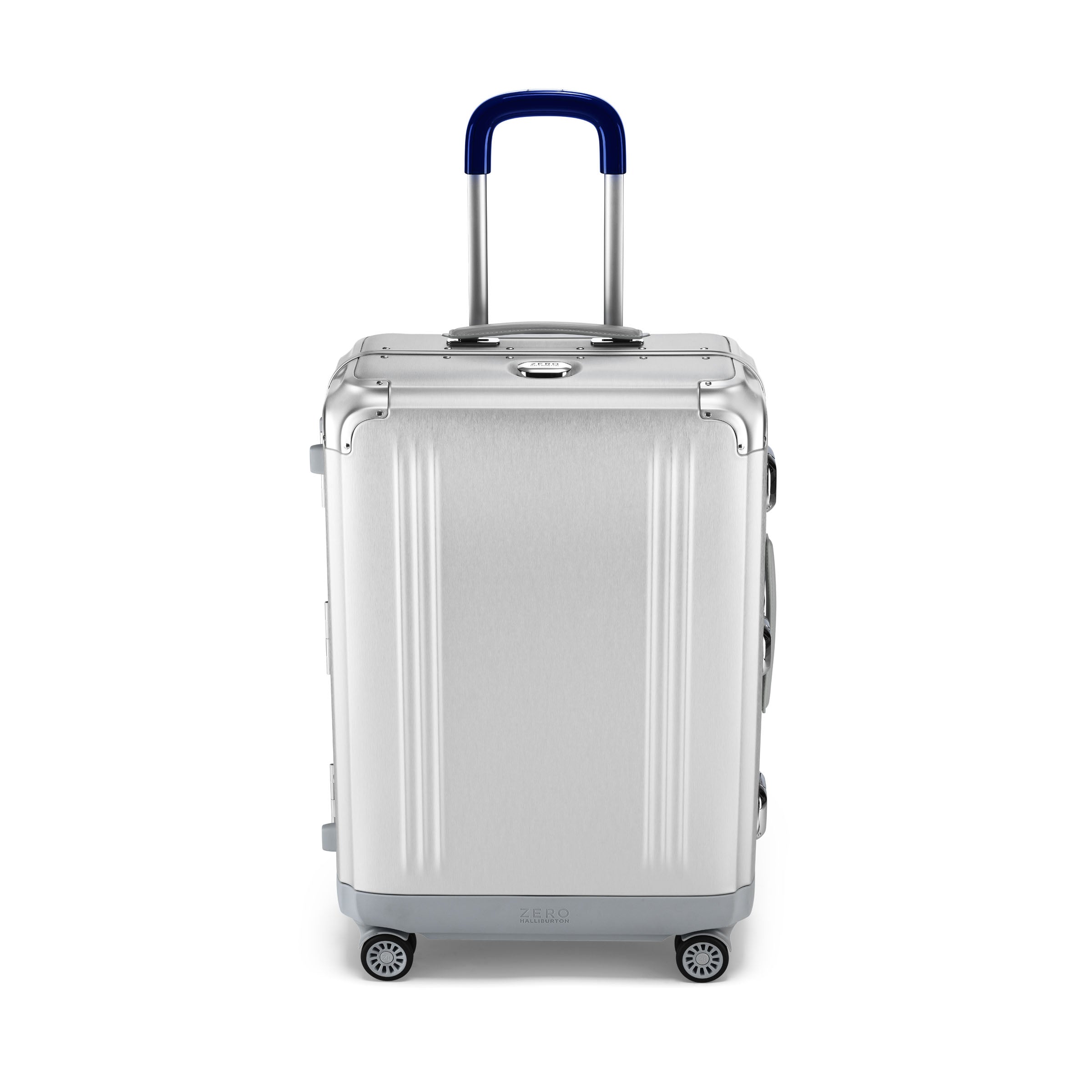 Silver suitcase with a blue handle on a white background