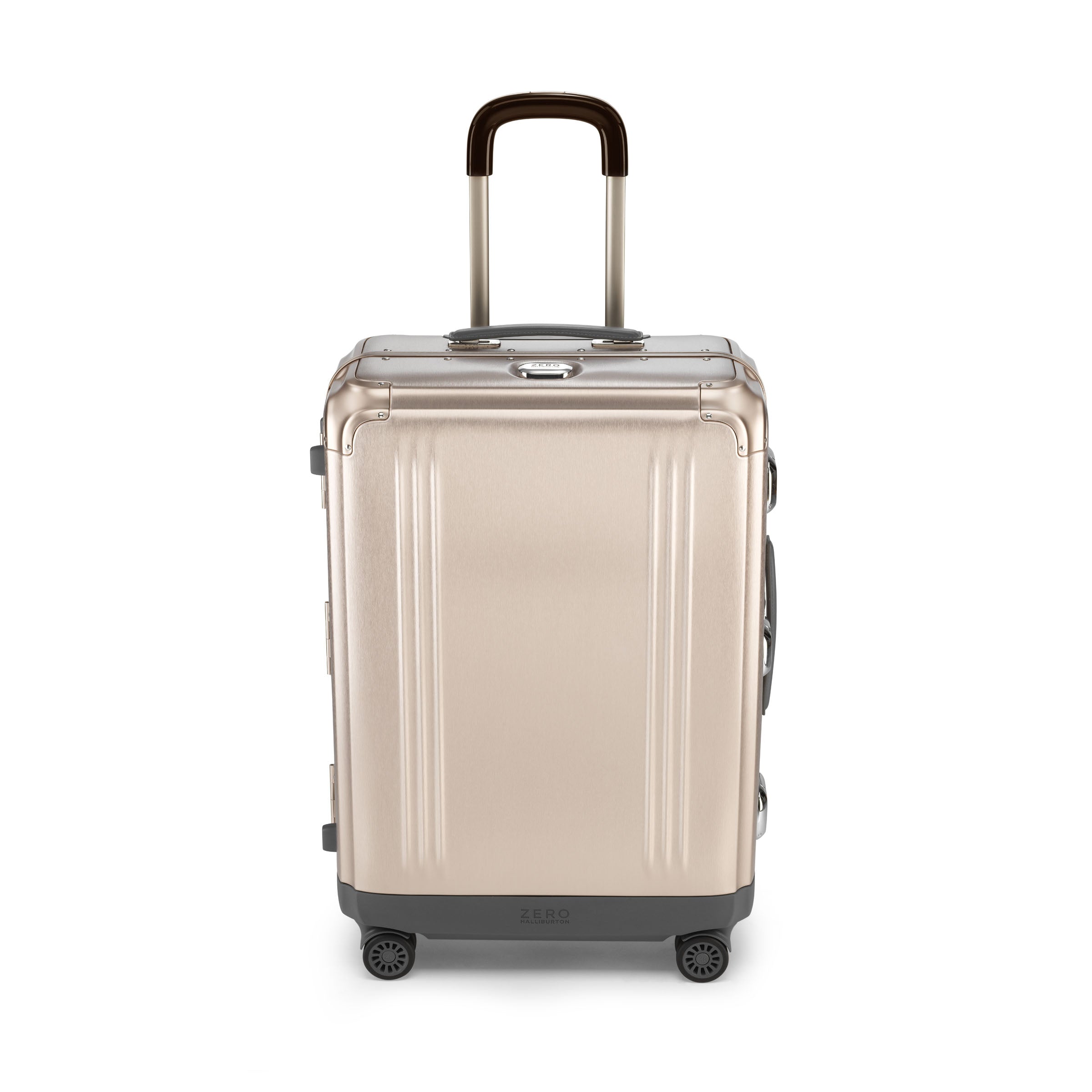 Beige suitcase with wheels and a handle on a white background