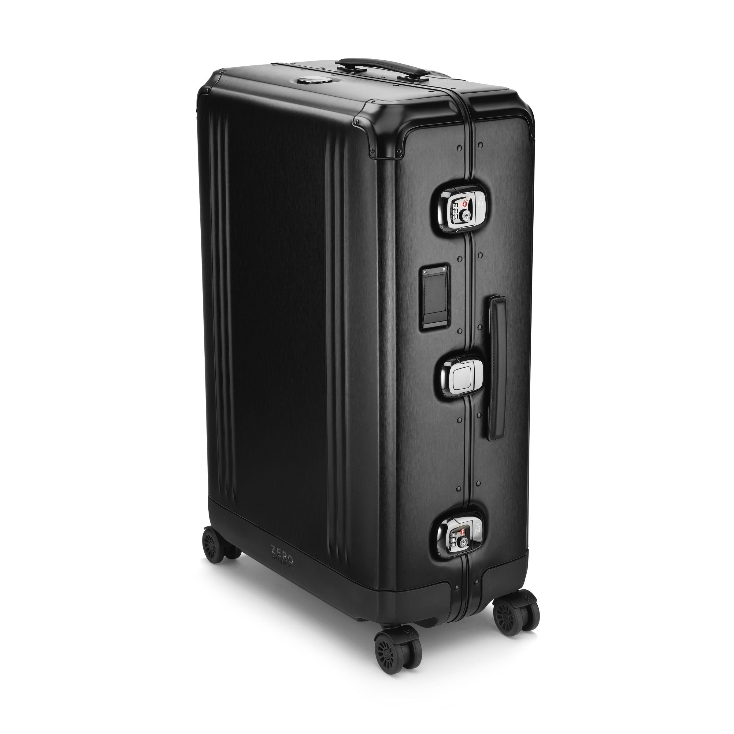 Black suitcase with multiple handles and wheels on a white background