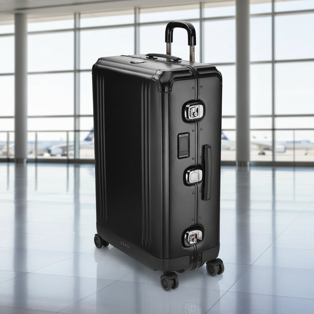 Black suitcase with wheels and handle on a white background