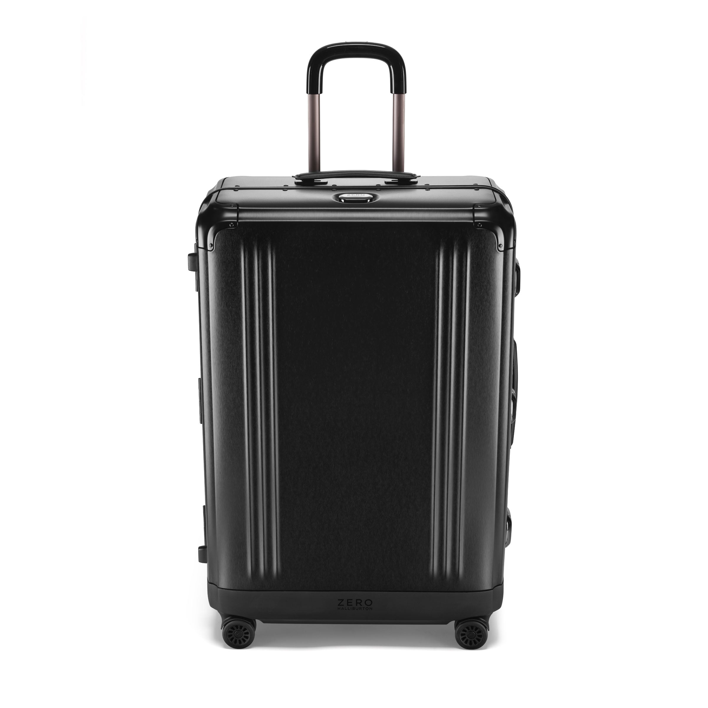 Black suitcase with a visible brand logo on a white background