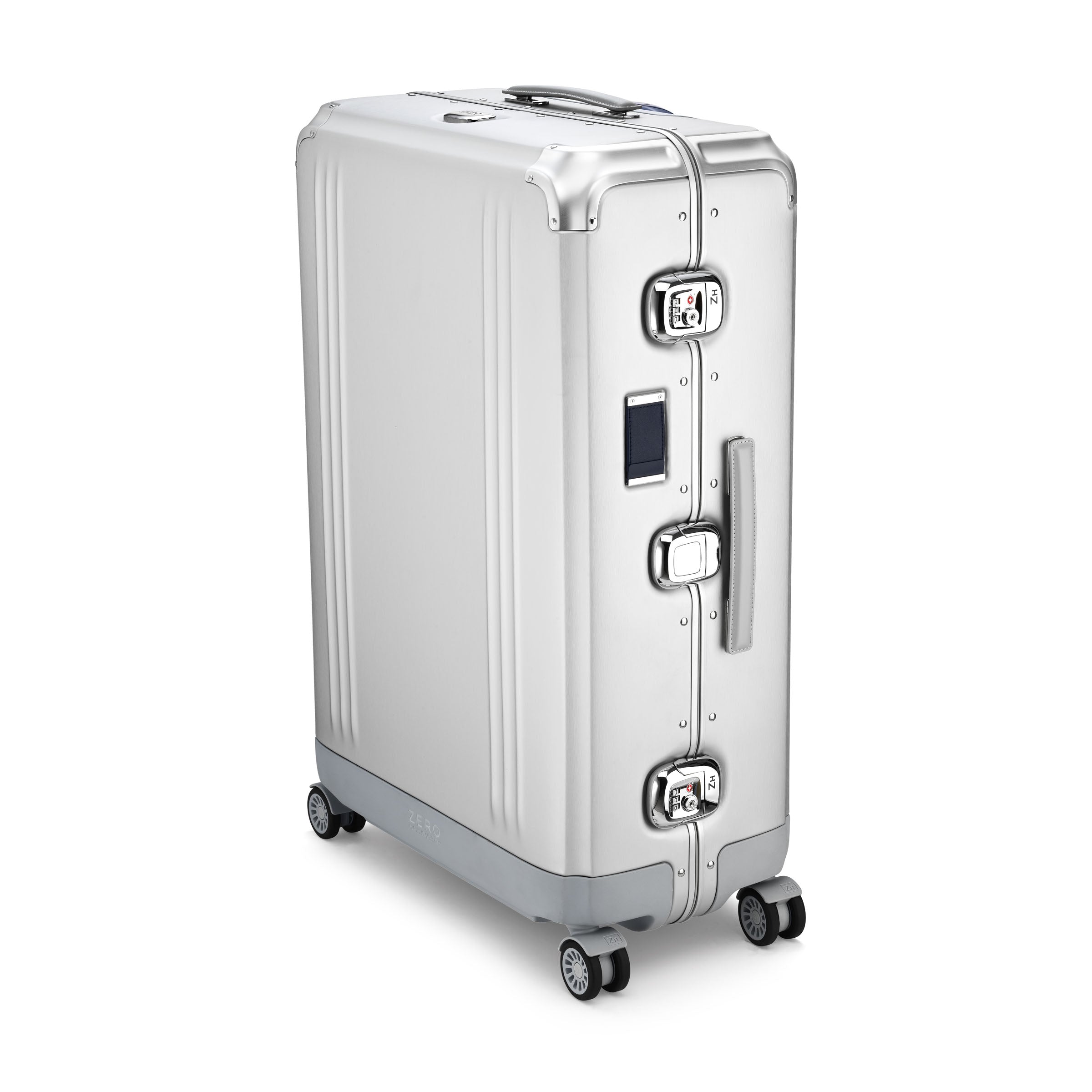 Silver suitcase with wheels and handle on a white background