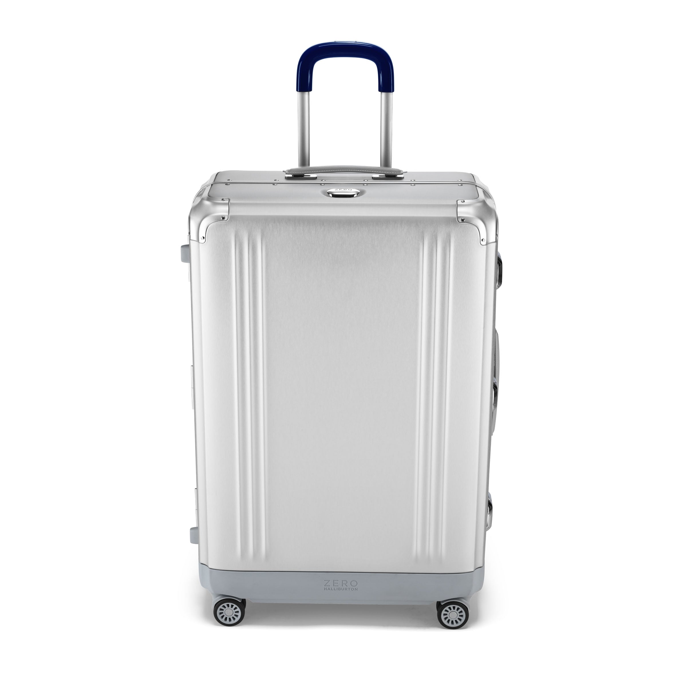 Silver suitcase with a blue handle on a white background