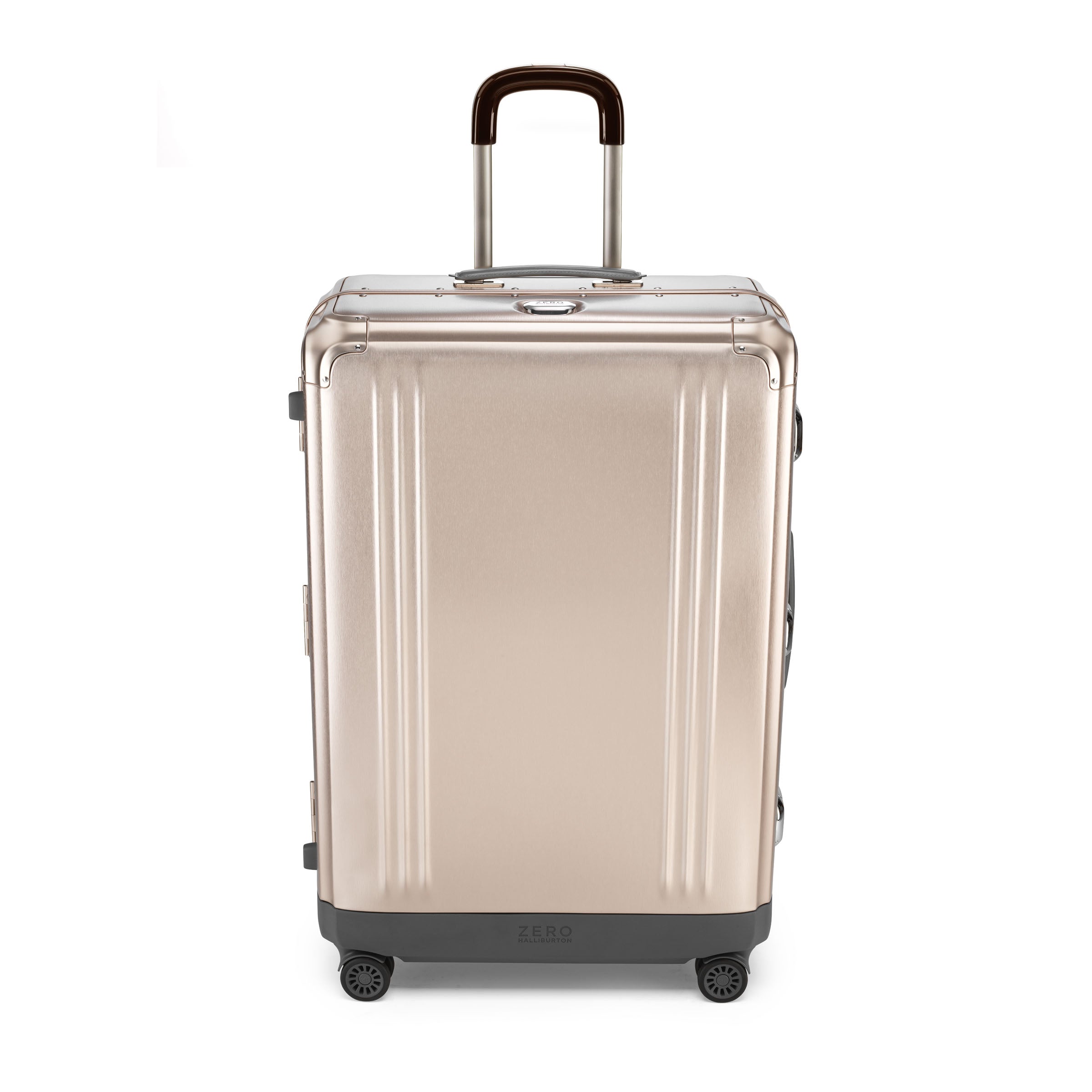 Beige suitcase with a black handle on a white background