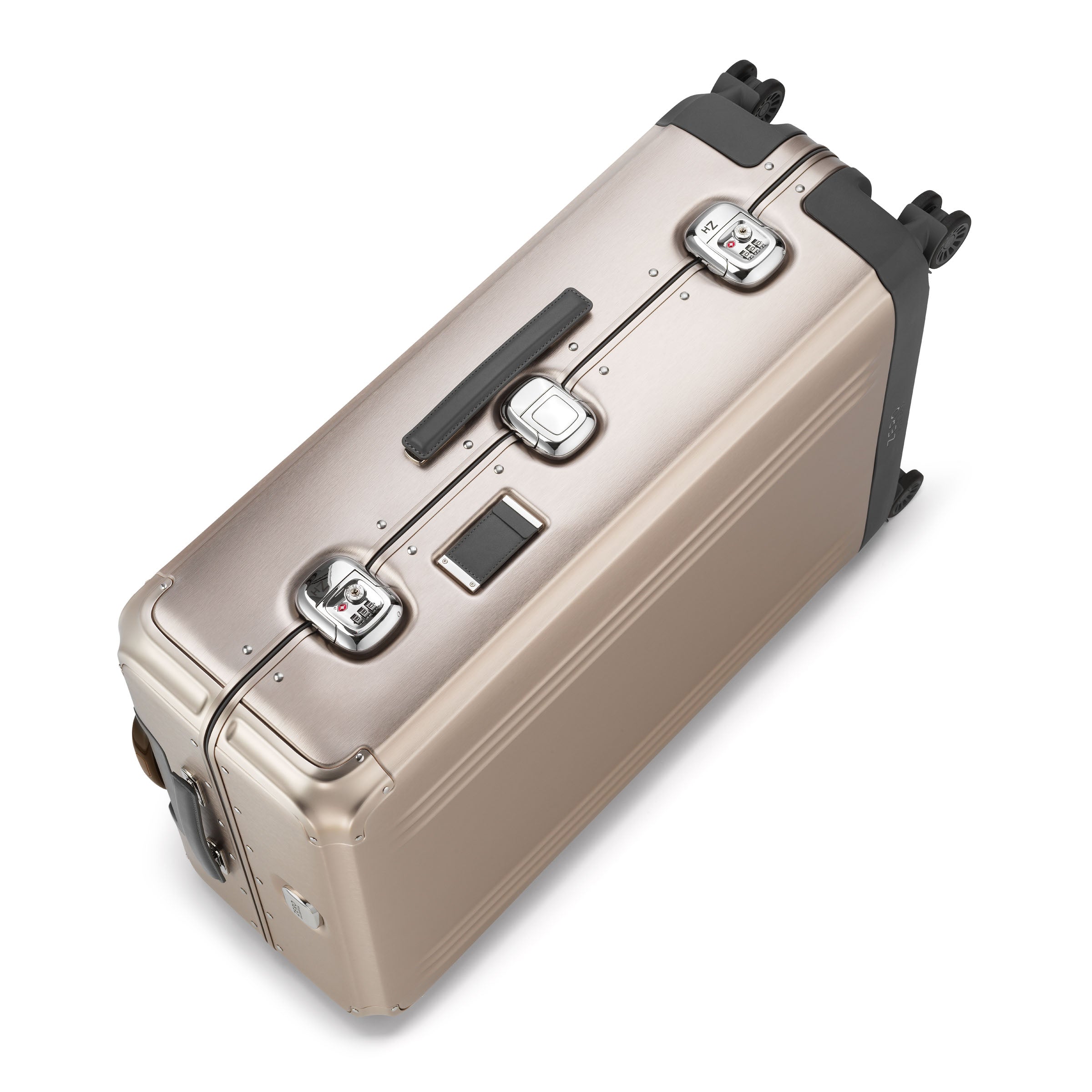 Beige suitcase with black wheels and handle on a white background