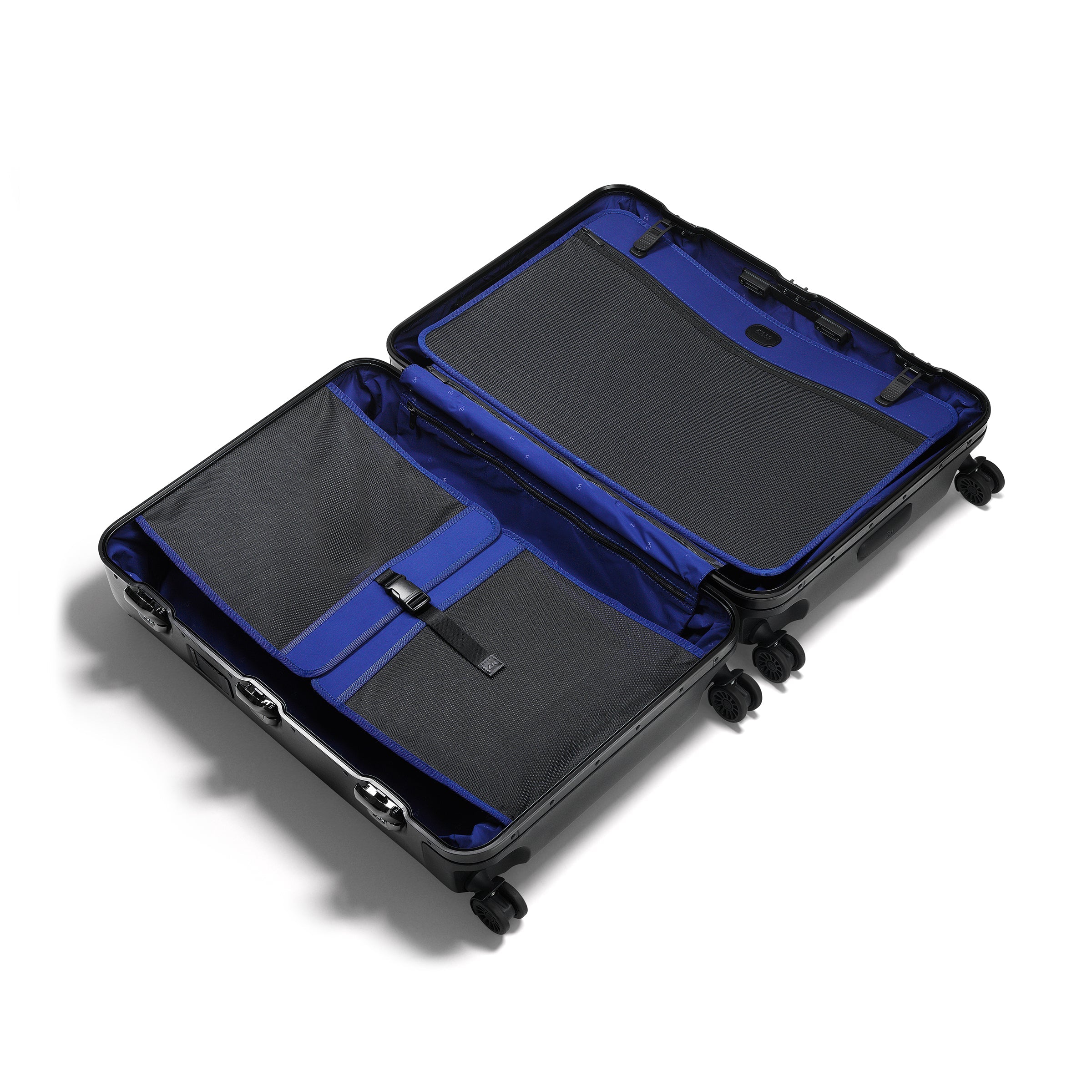 Black suitcase with blue interior on a white background