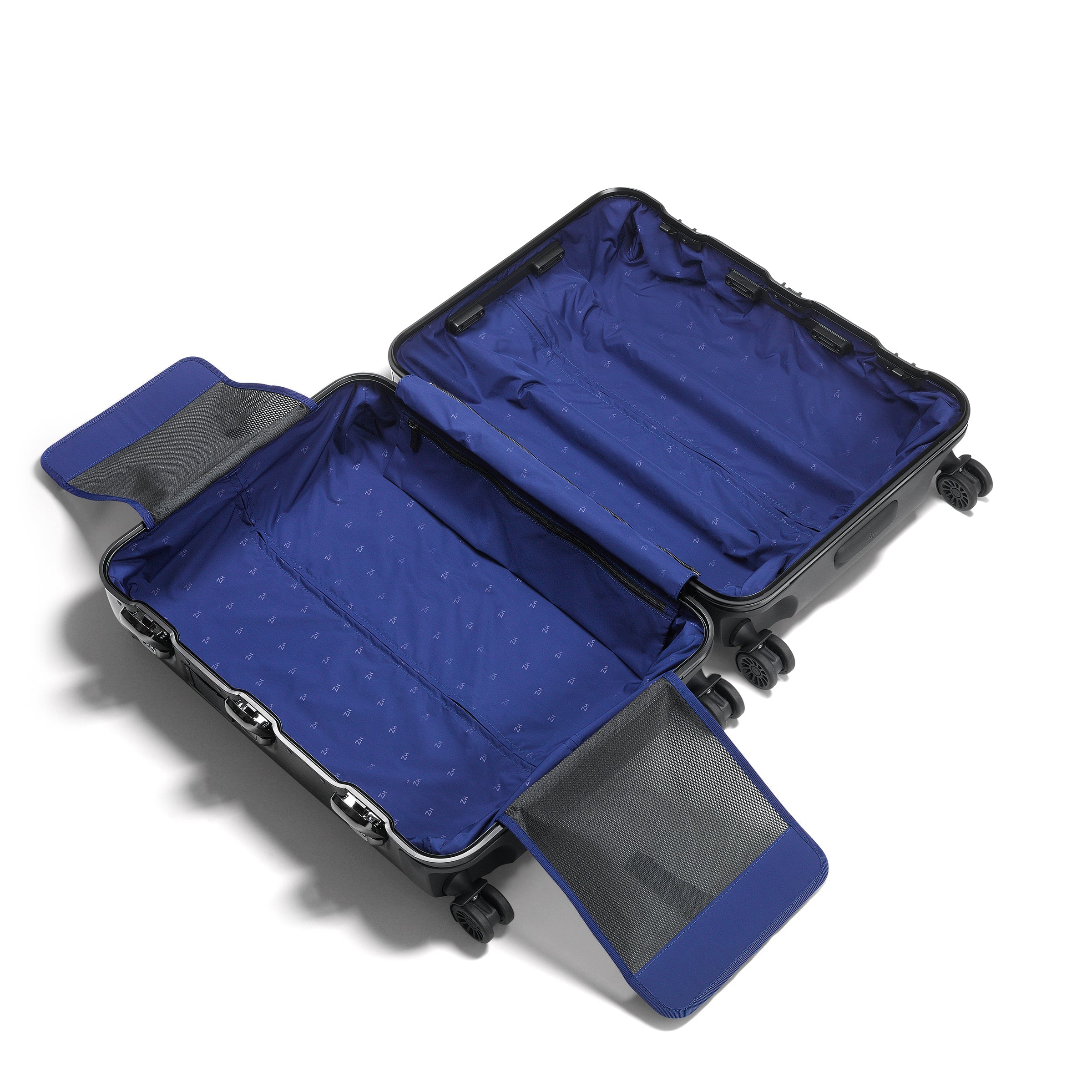 Open blue suitcase on a white background