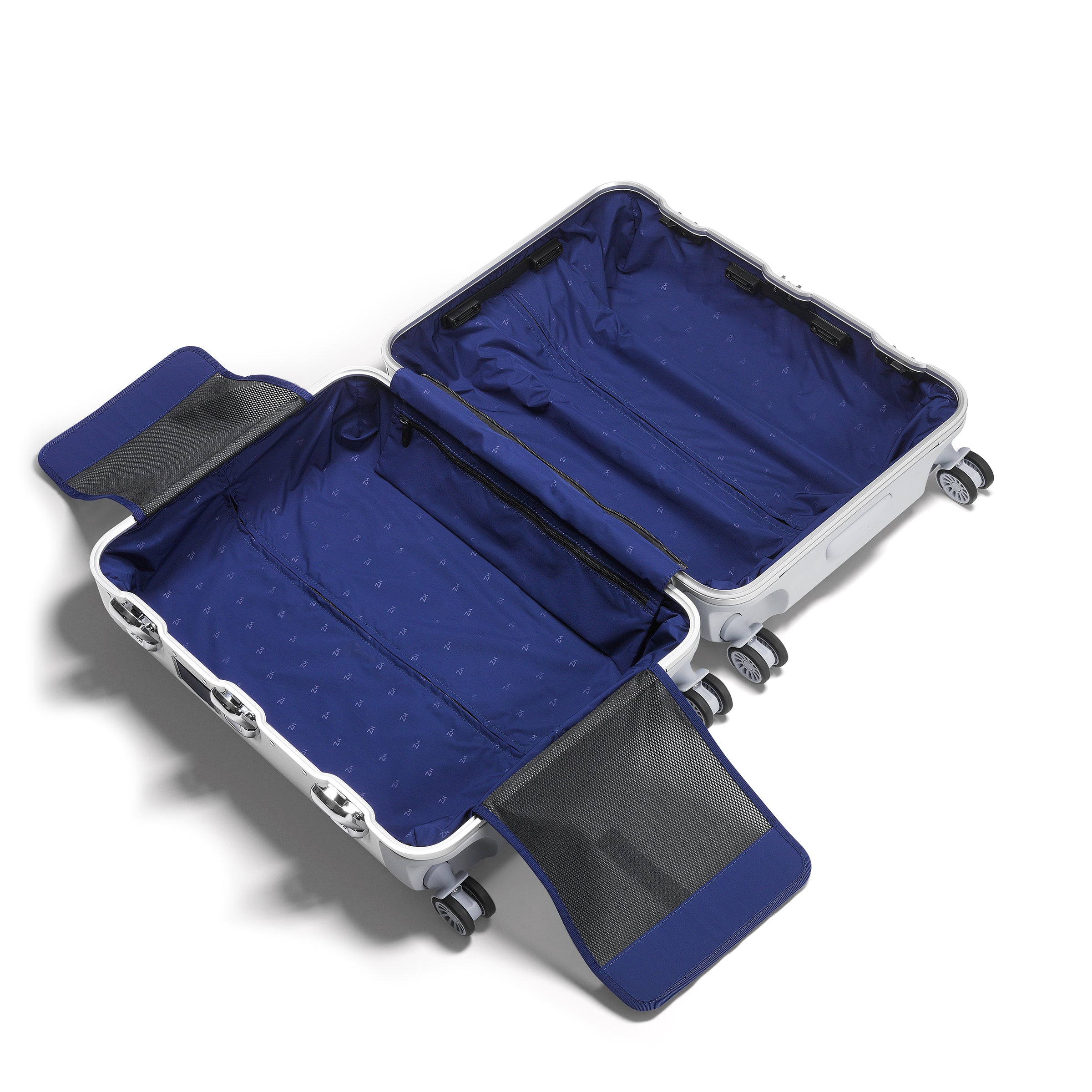 Open blue suitcase on a white background