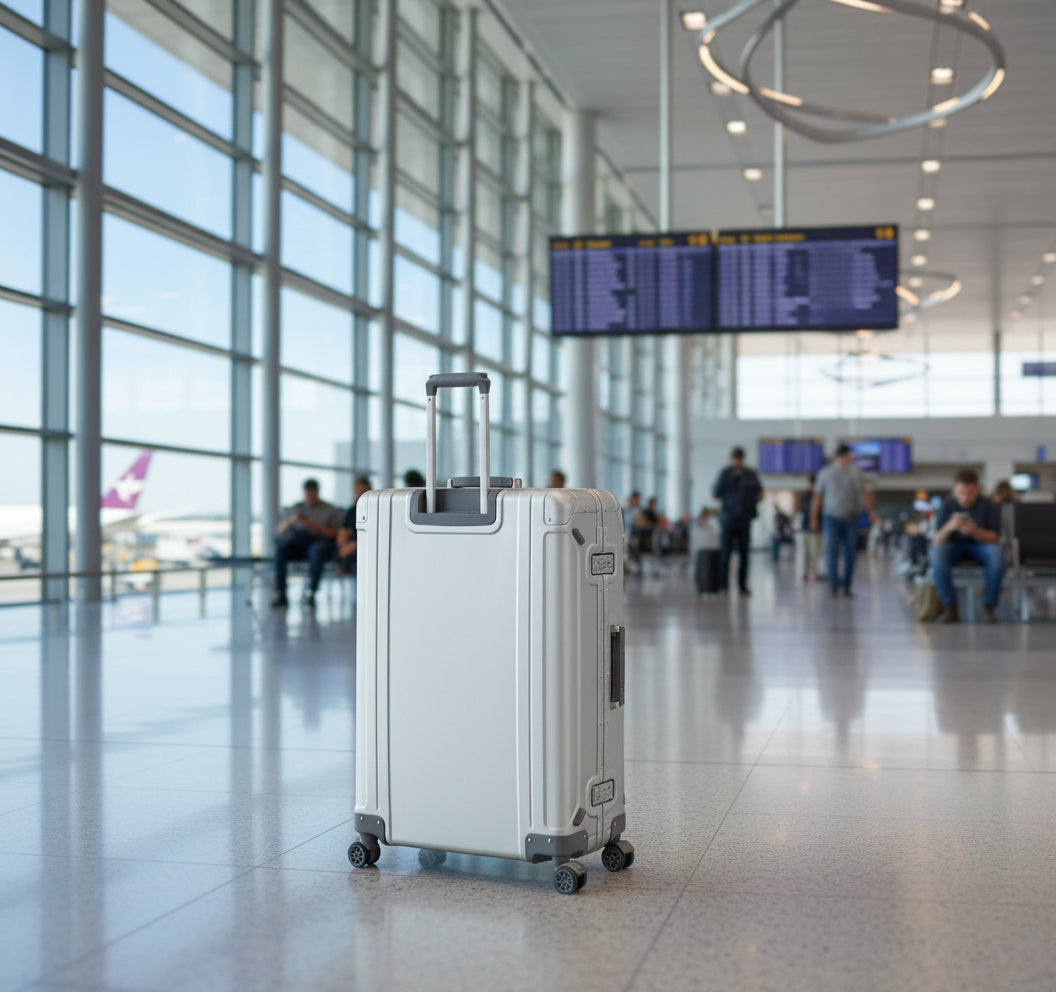 Silver suitcase with wheels and a handle on a white background