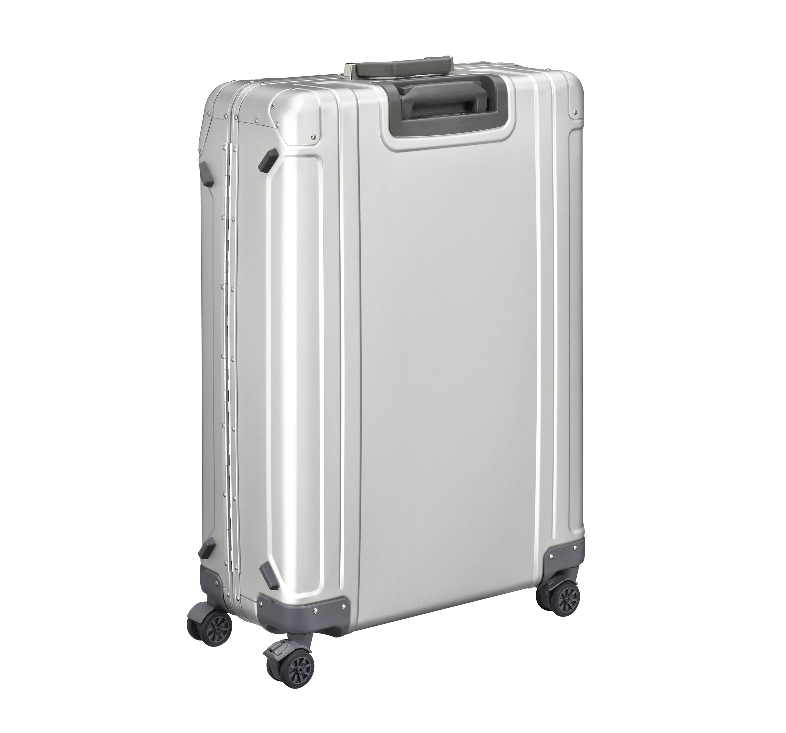 Silver suitcase with wheels on a white background