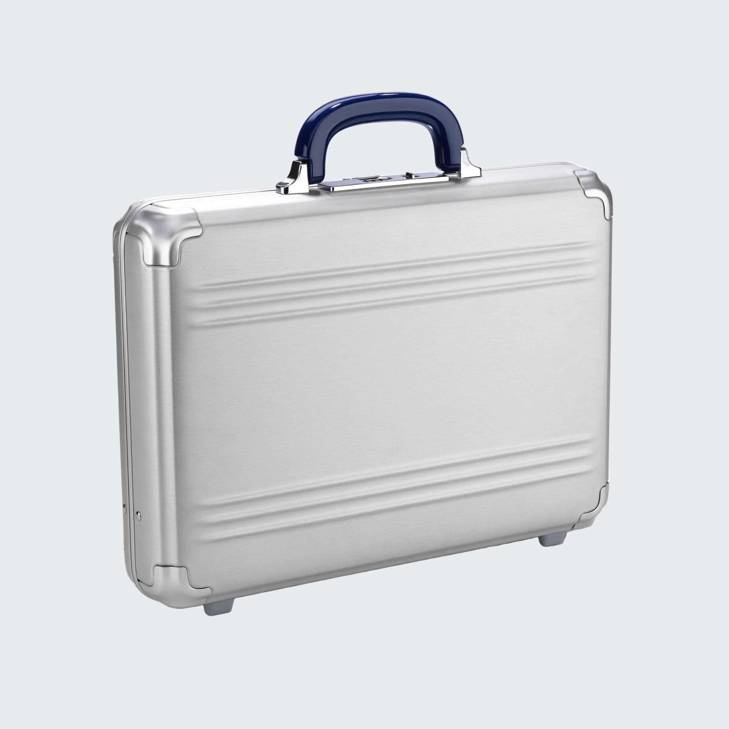 Silver briefcase with a blue handle on a white background