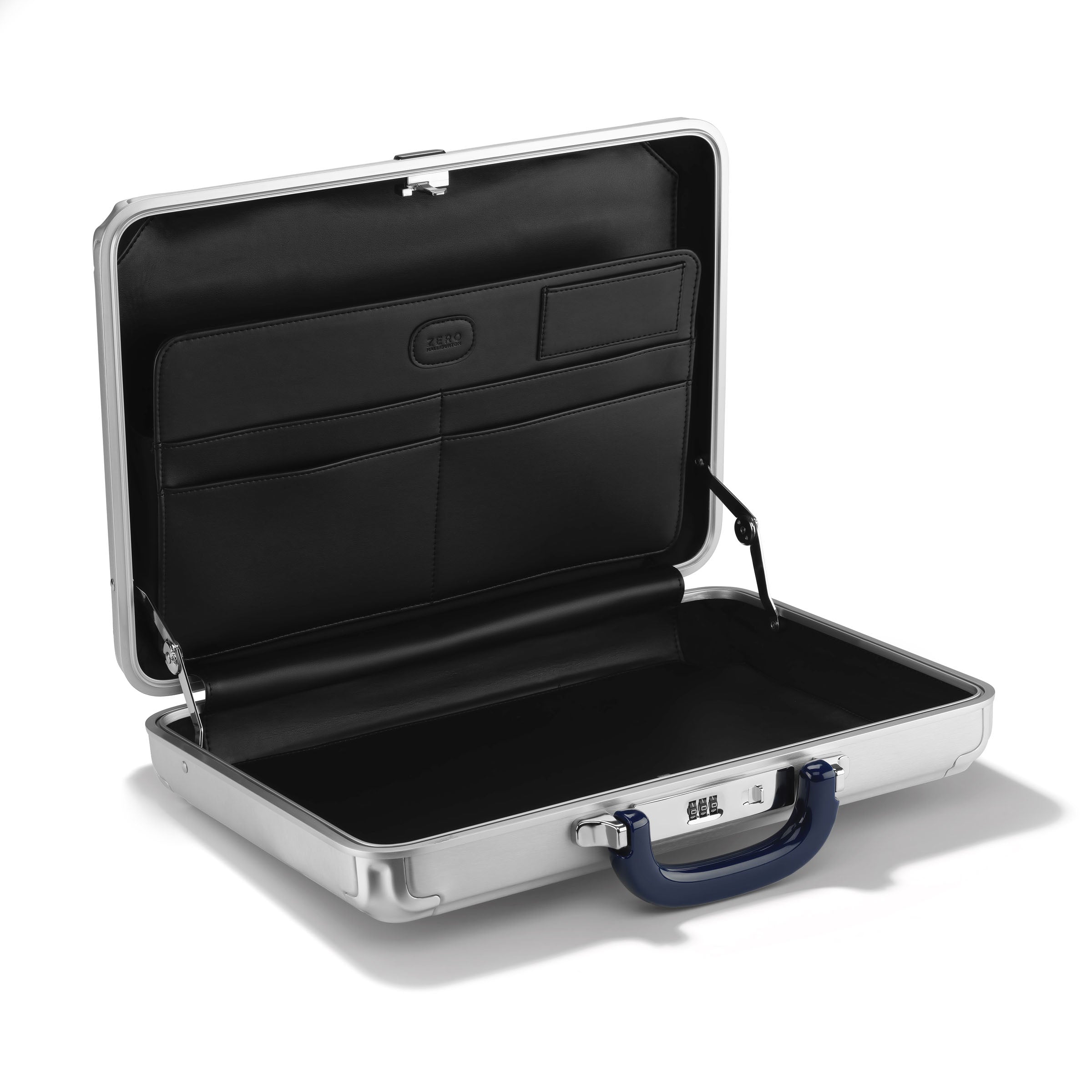 Open briefcase with black interior on a white background