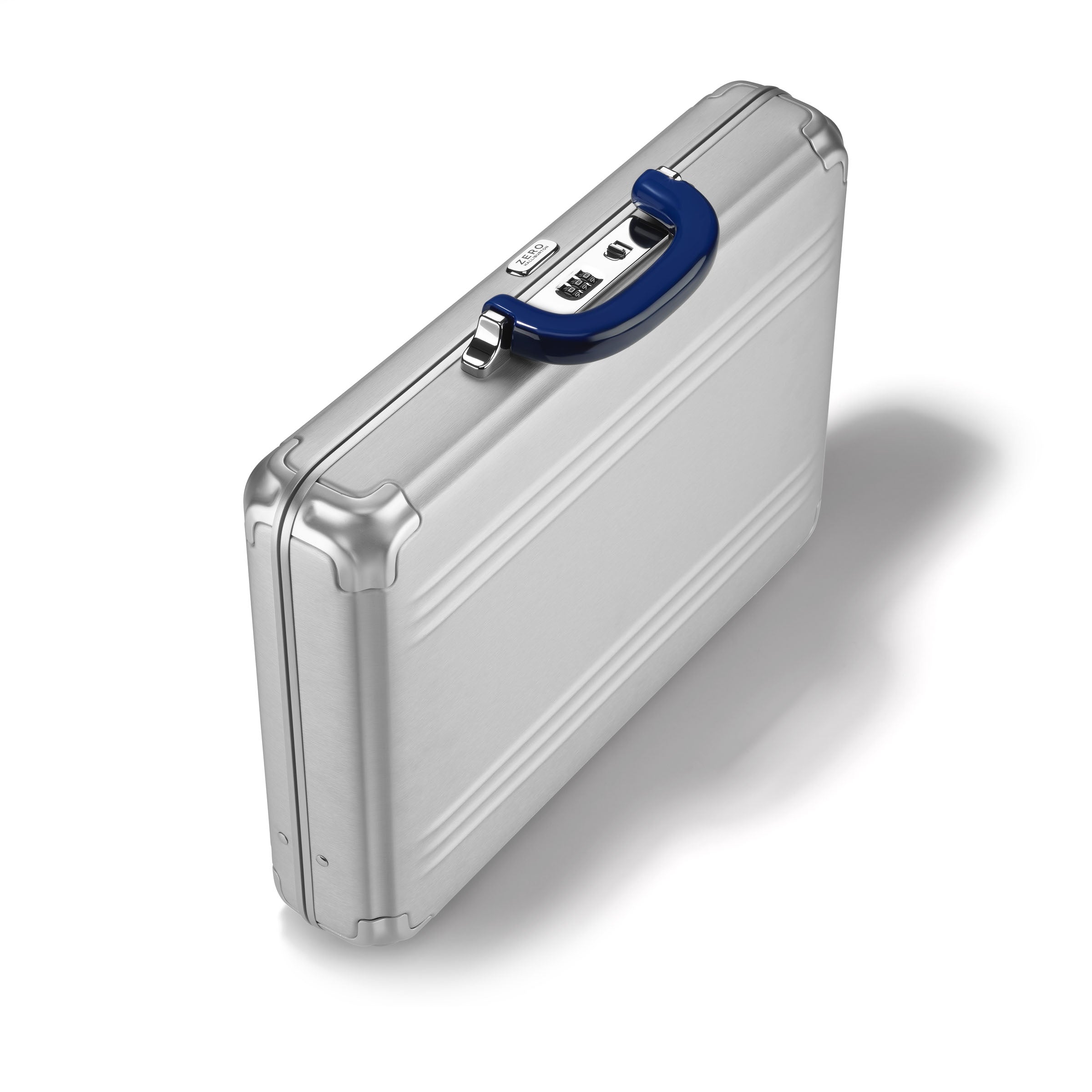 Silver briefcase with a blue handle on a white background