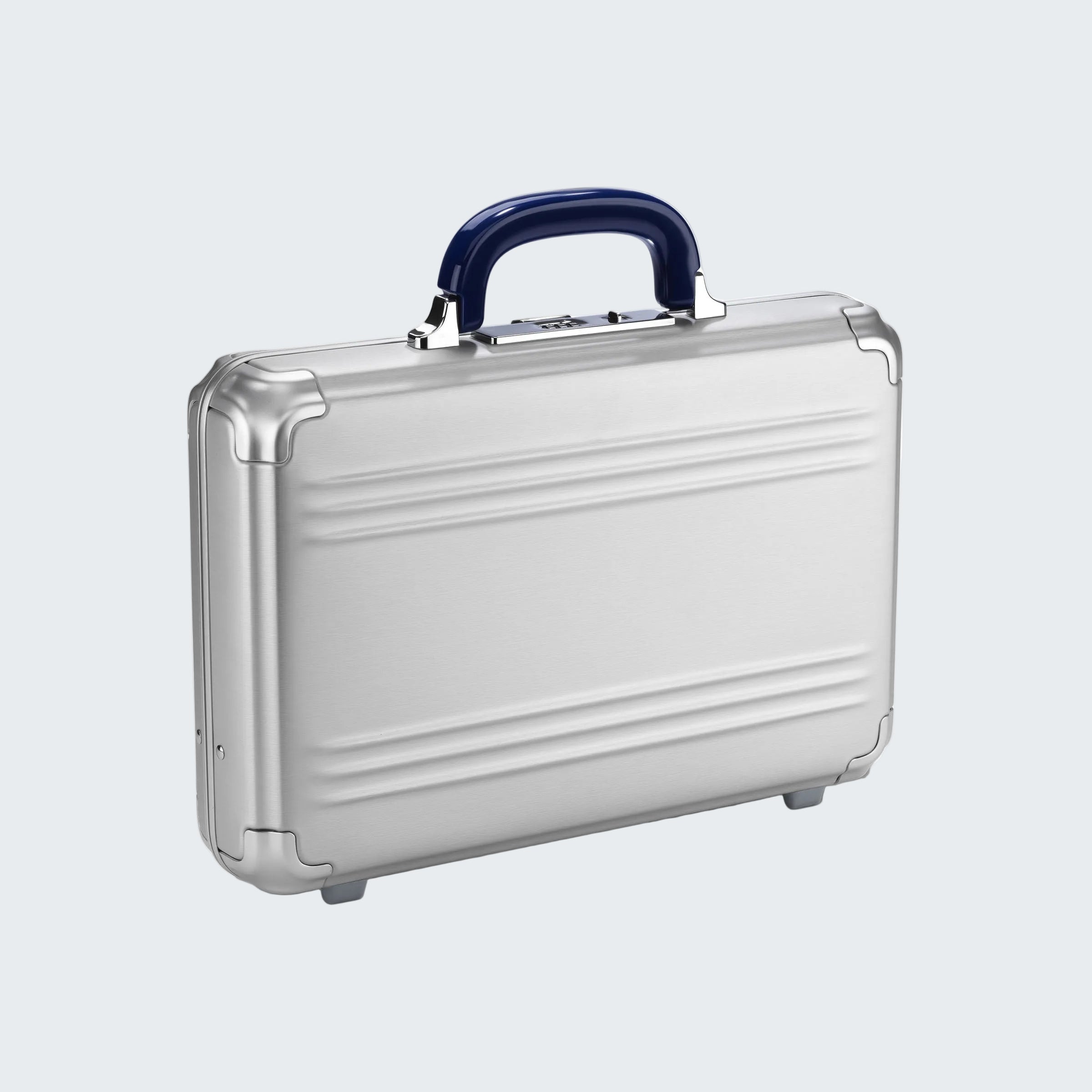 Silver briefcase with a blue handle on a white background