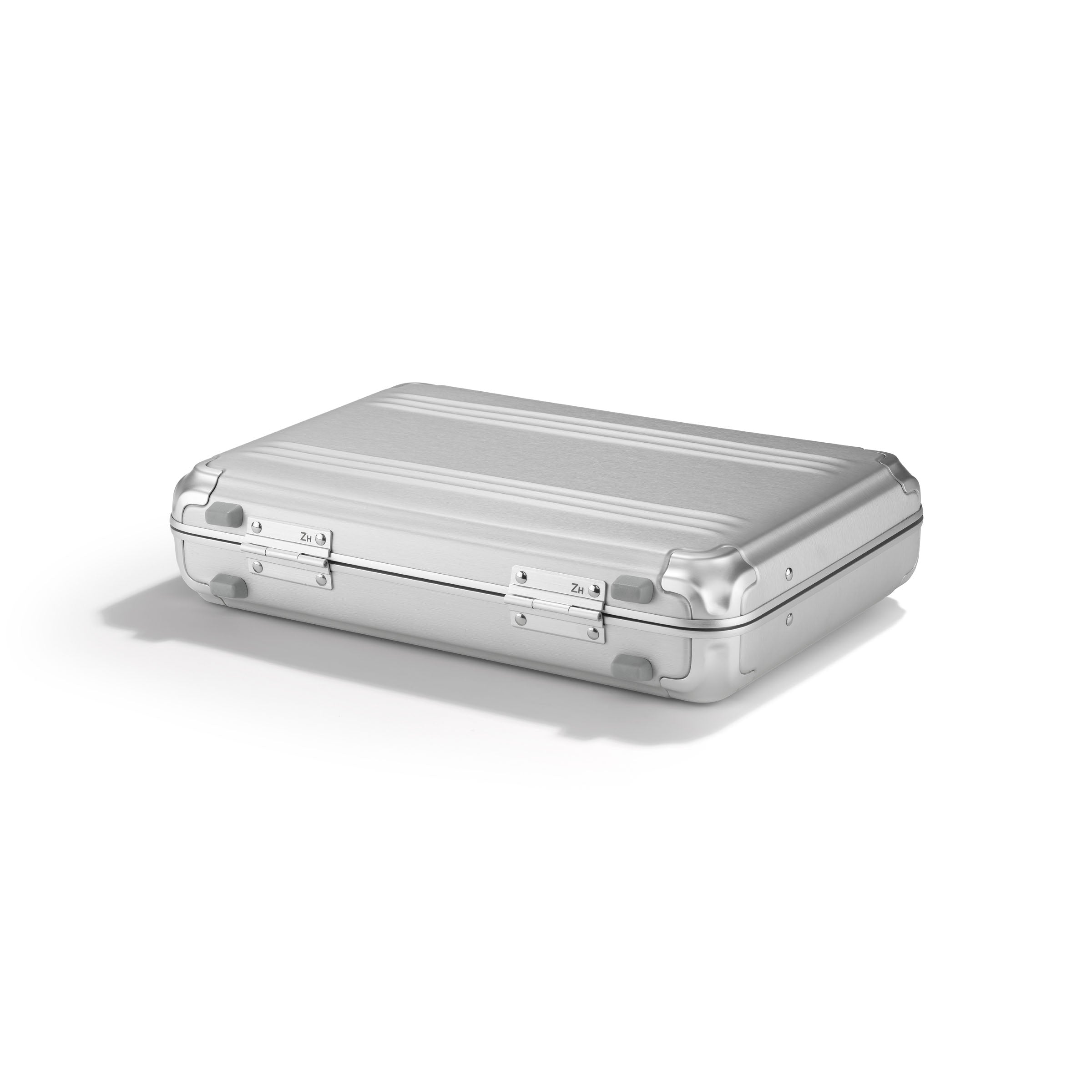 Silver rectangular hard-shell case on a white background