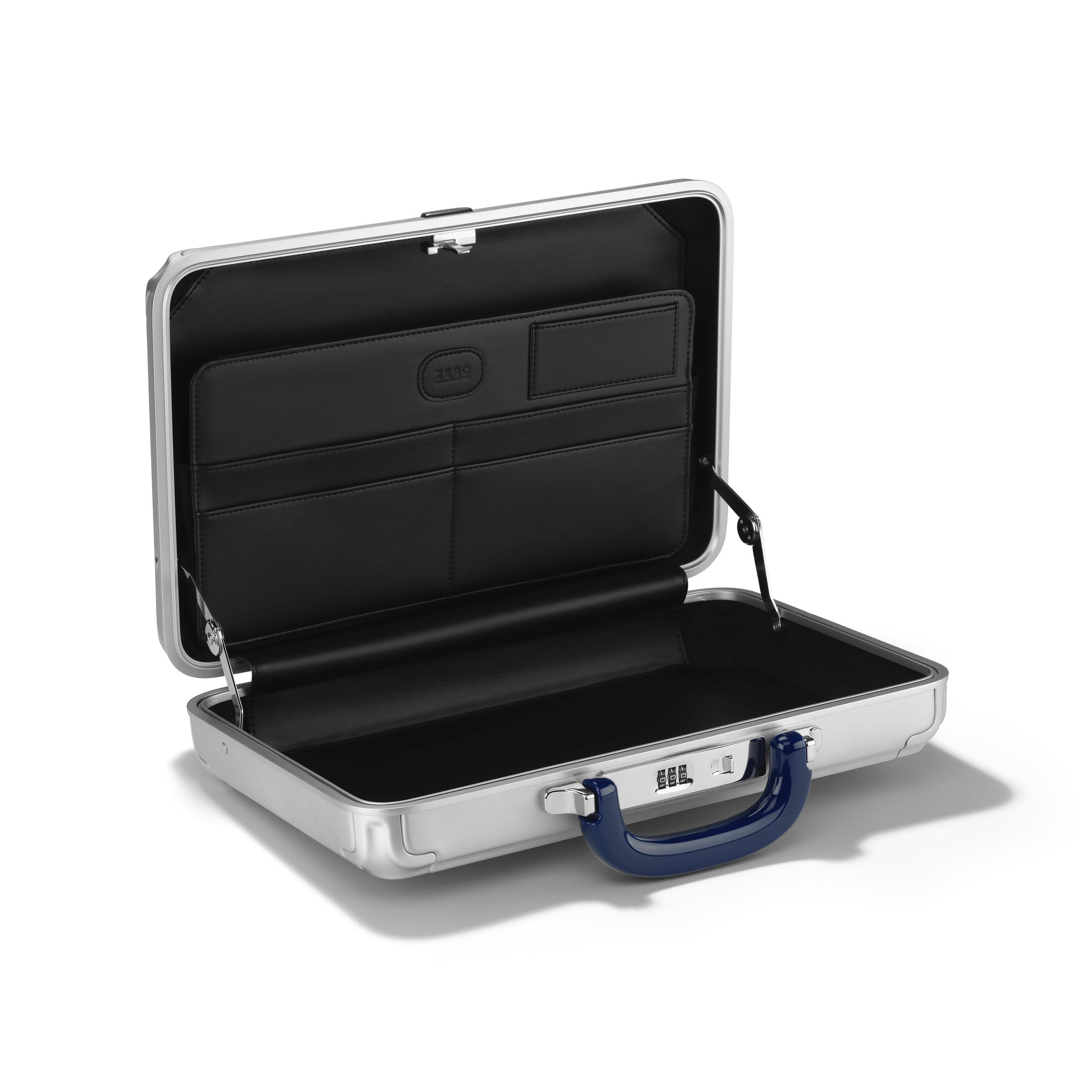 Open briefcase with black interior on a white background