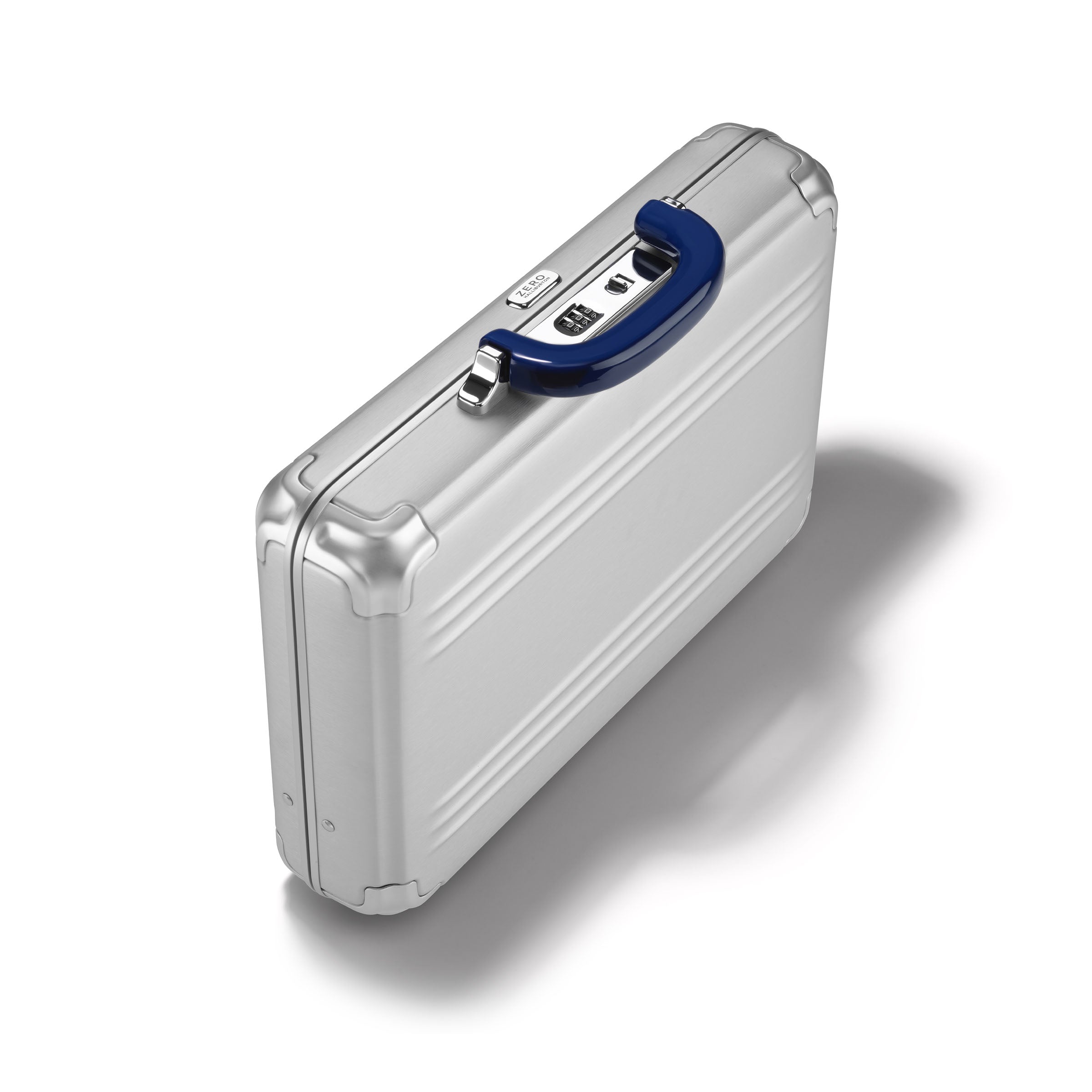 Silver briefcase with a blue handle on a white background