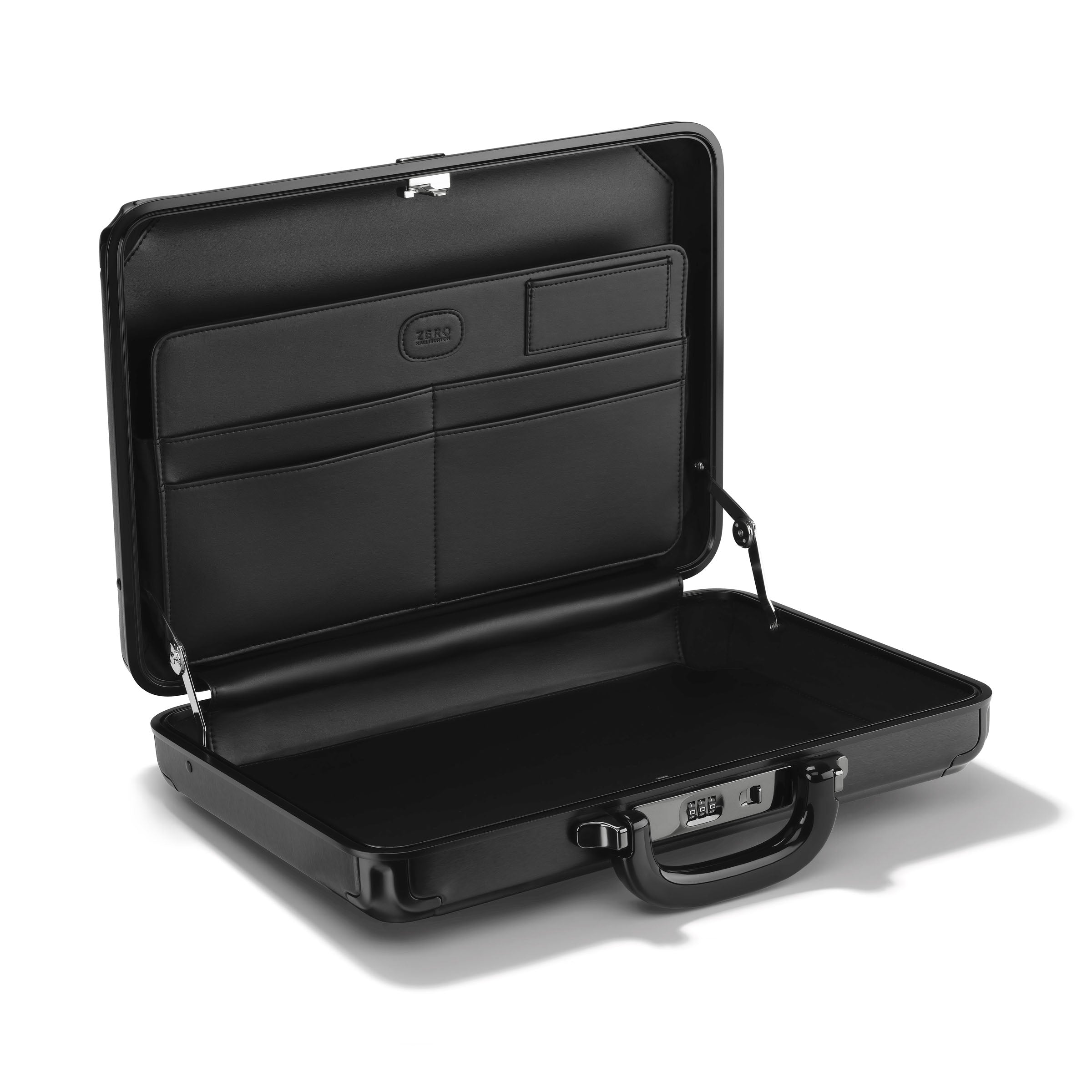 Black briefcase with open lid on a white background