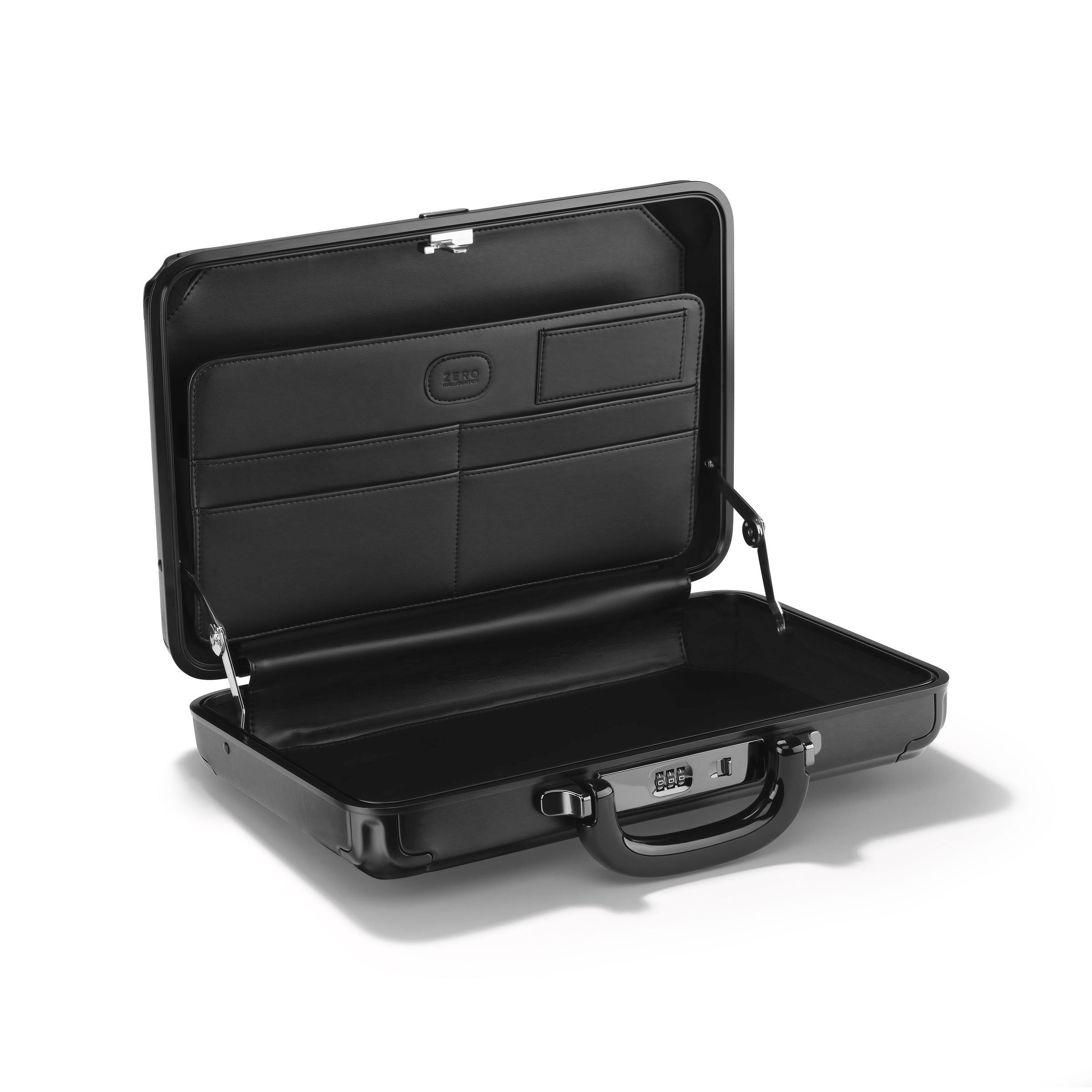 Black briefcase with open lid on a white background