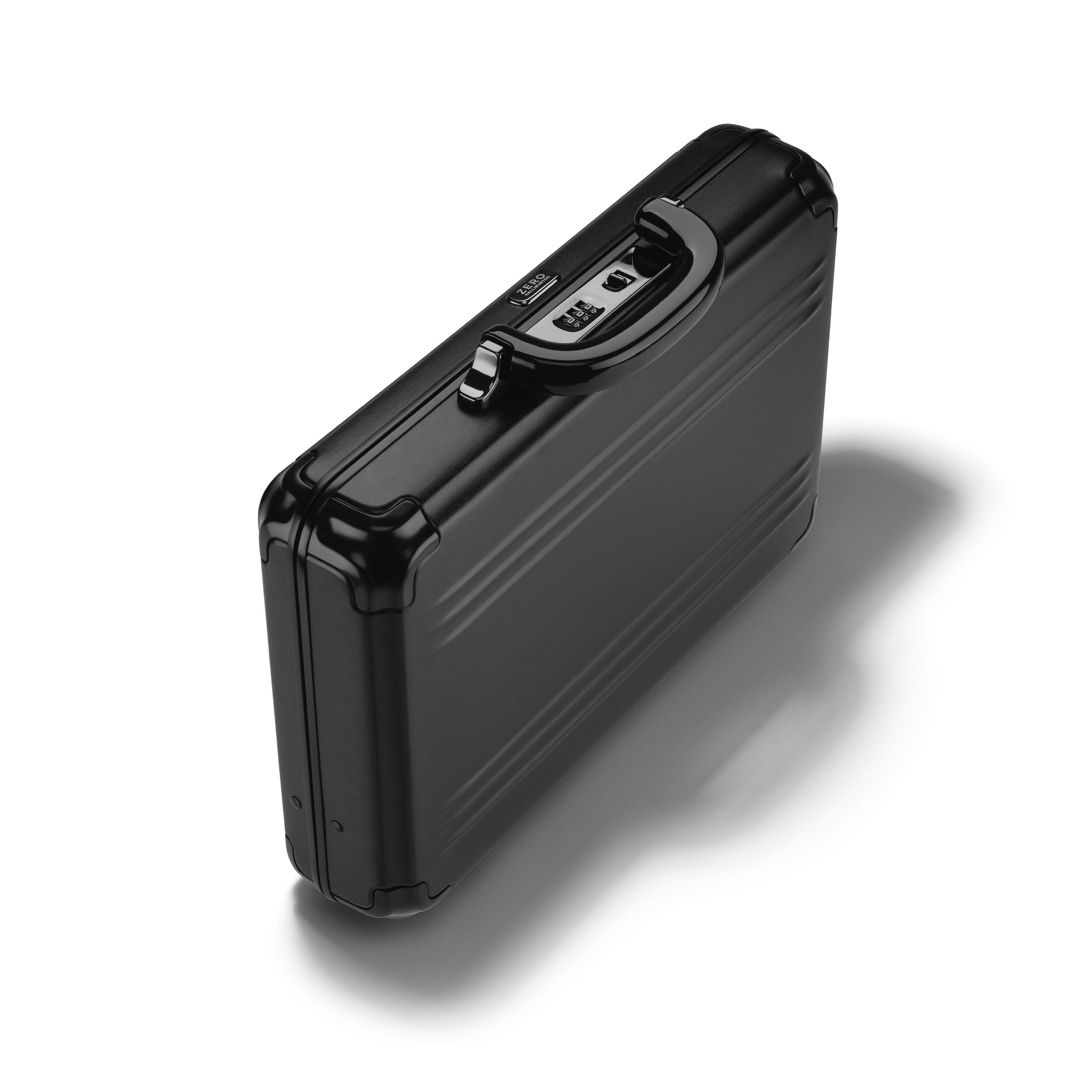 Black metal briefcase with a combination lock on a white background