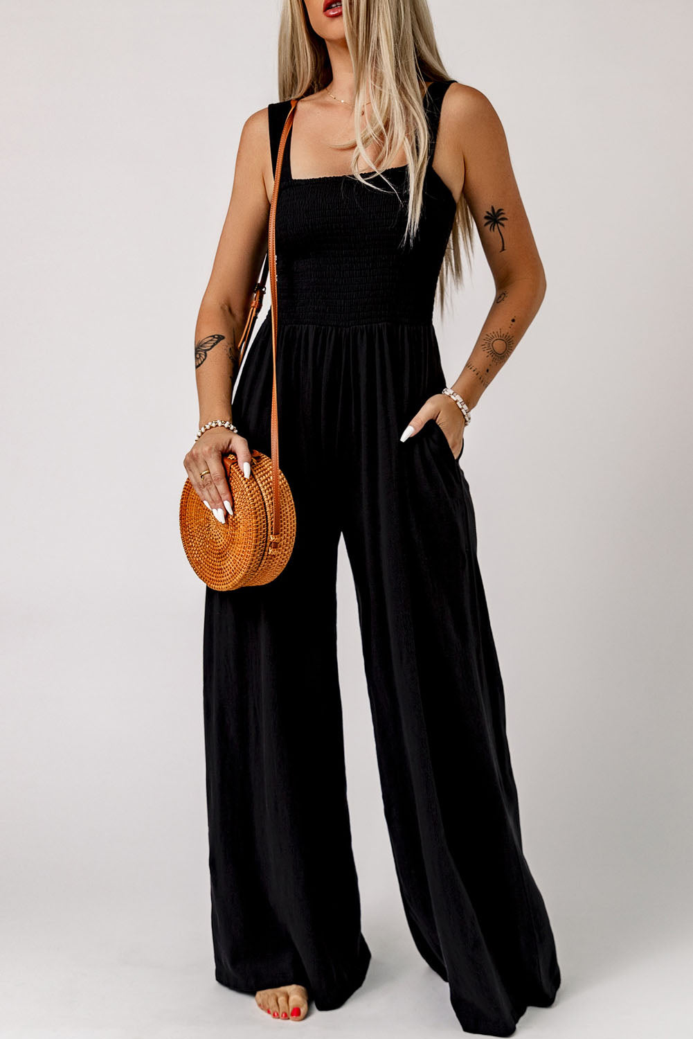 Smocked Square Neck Wide Leg Jumpsuit with Pockets - Sun of the Beach Boutique
