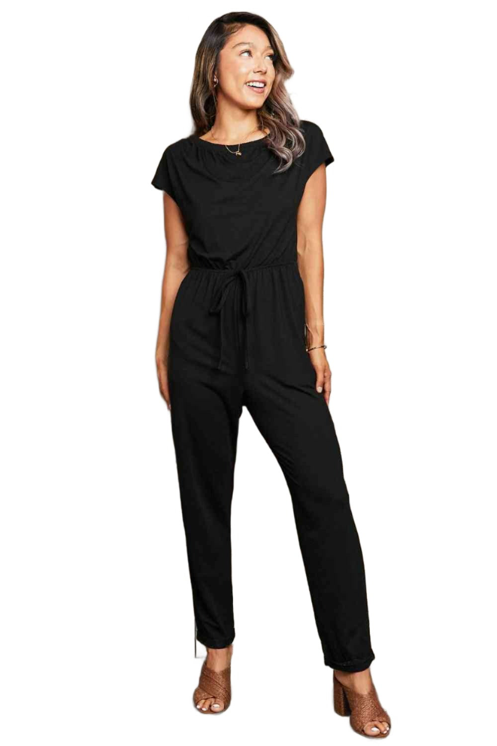Boat Neck Short Sleeve Jumpsuit with Pockets