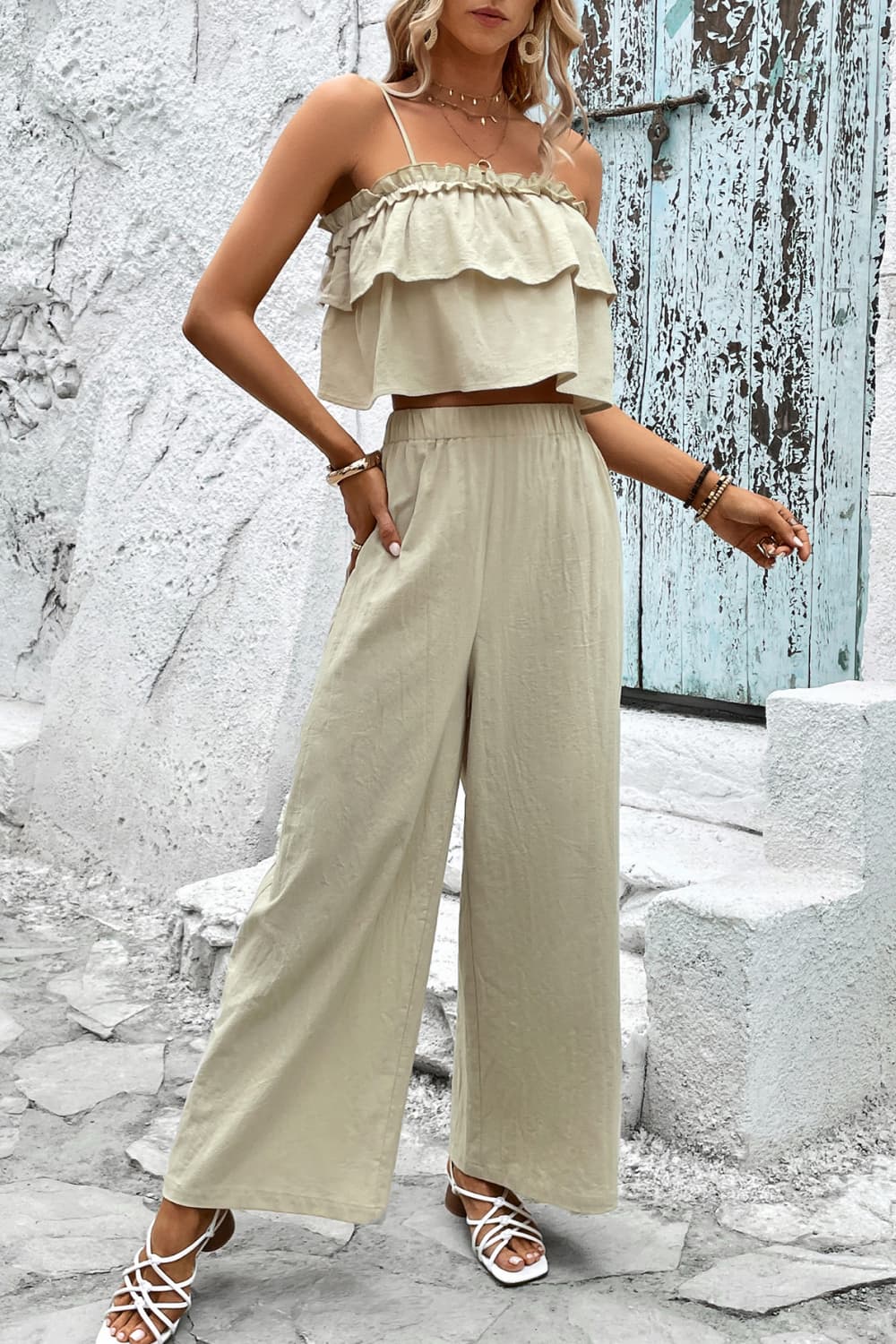 Frill Trim Cami and Wide Leg Pants Set - Sun of the Beach Boutique